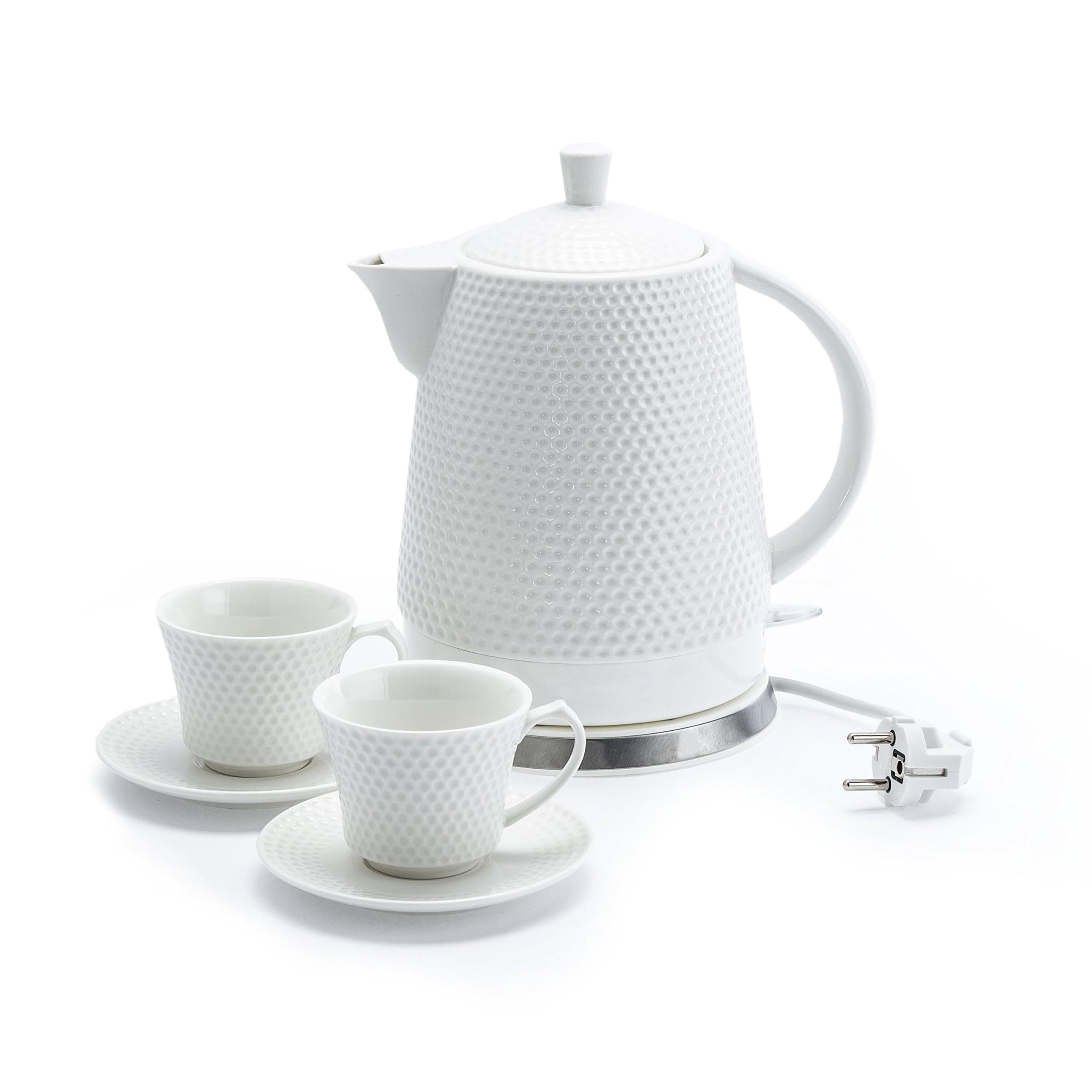 Electric Ceramic Kettle with Two Cups Cordless White Teapot Retro 1.5L Boils Water Tea Coffee