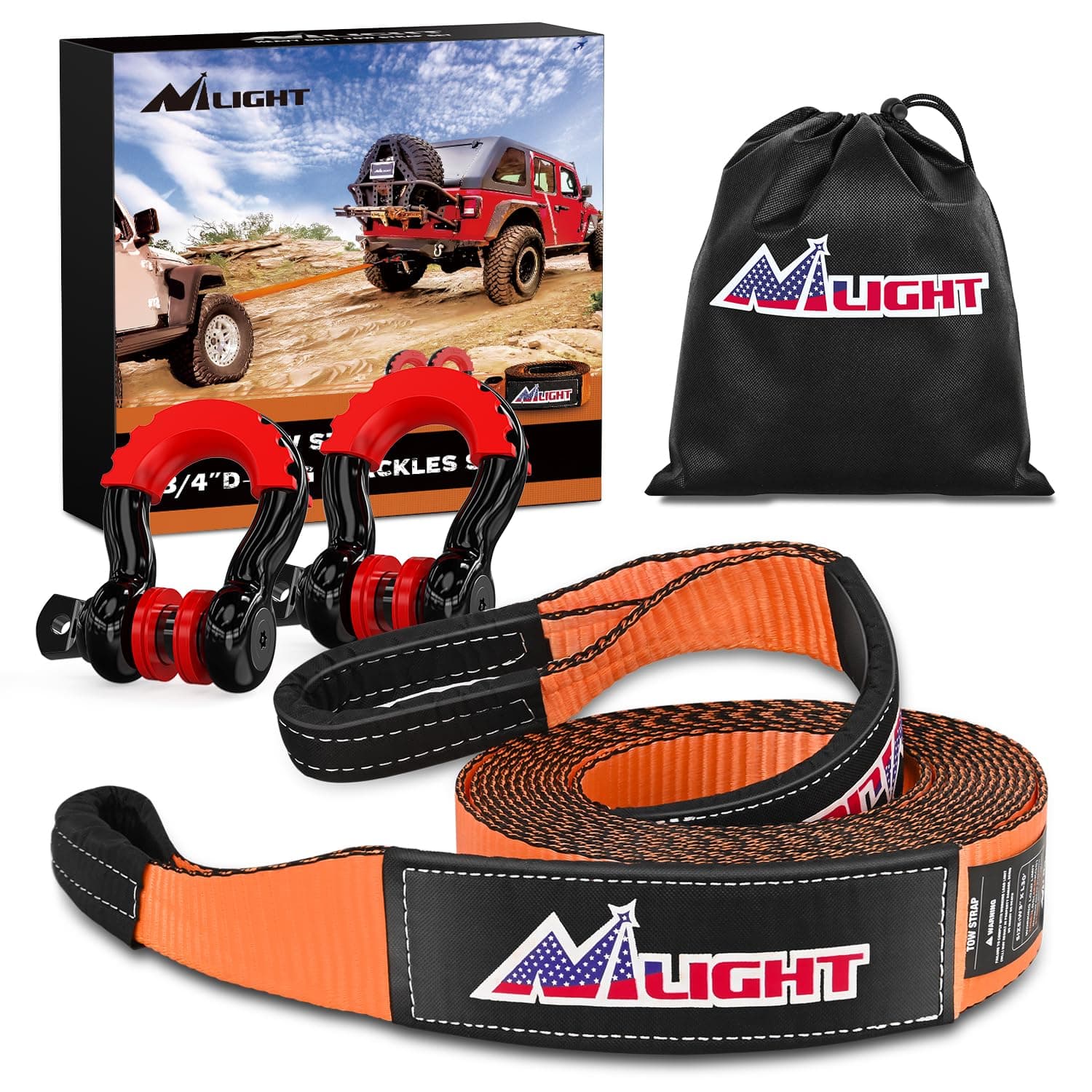 Nilight 3" x 20' Recovery Tow Strap Kit with 2Pcs 3/4" Anti-Theft D-Ring Shackles and Storage Bag Tow Rope for Car Truck SUV ATV (MBS 31500LBS)