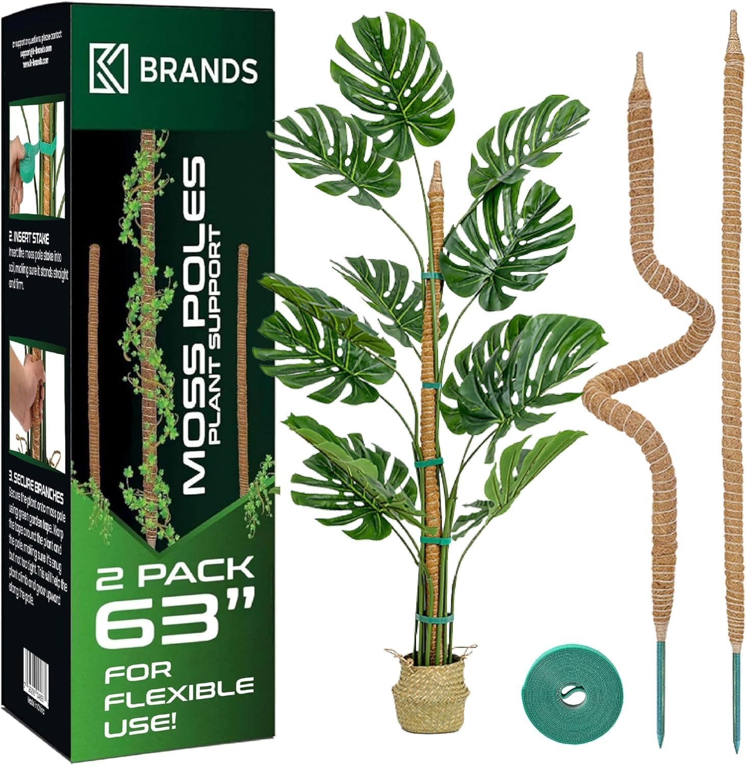 K-Brands Moss Pole (2 Pack, 160 cm/63 In/5.25 ft) - Bendable Monstera Plant Support - Cheese Plant Support Pole Sticks - Moss Poles for Climbing Plants - Plant Stakes Indoor with Ties