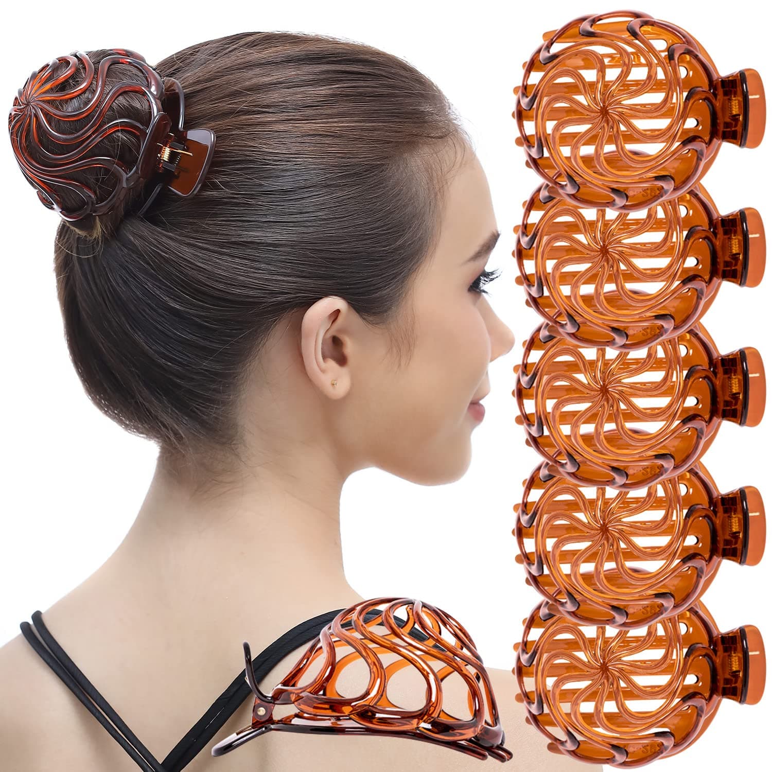 RC ROCHE ORNAMENT 6 Pcs Womens Shell Dome Round Circle Stylish Fashion Plastic Strong Grip Hinge Side Slide Bun Maker Clips Girls Beauty Accessory Hair Clip, Medium Brown