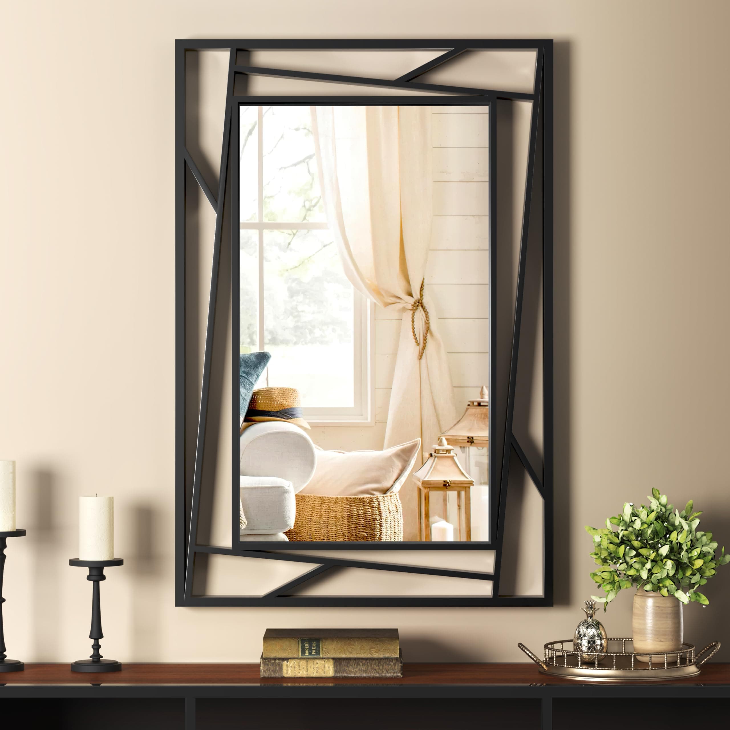 Black Bathroom Mirror 36''X24'' Rectangle Decorative Wall Mirrors with Geometric Metal Frame for Bathroom, Living Room, Bedroom, Entrance, Horizontal/Verticall, Easy to Install