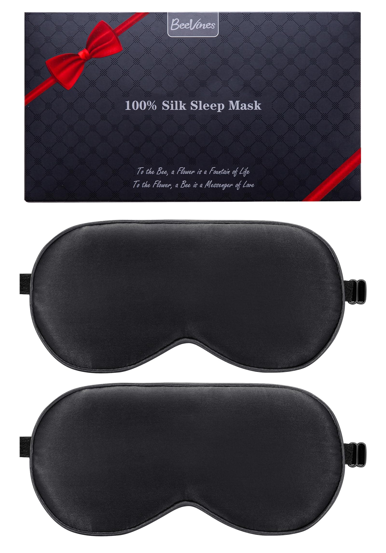 BeeVines Sleep Mask, 2 Pack 100% Real Natural Silk Eye Masks with Adjustable Strap for Sleeping, Mulberry Silk Eye Sleep Shade Cover, Blocks Light Reduces Puffy Eyes Traveling Gifts (Black & Black)