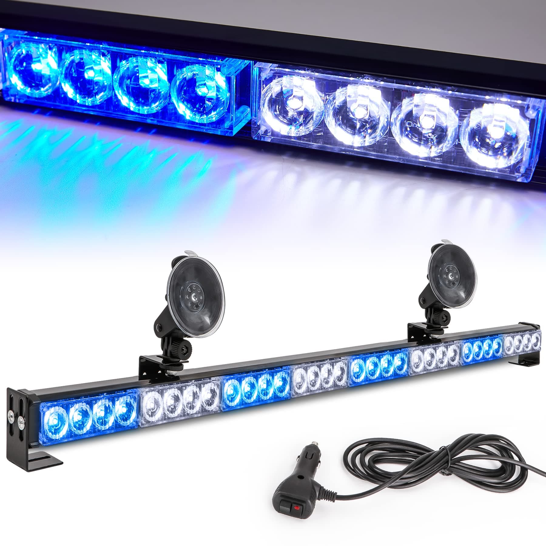 - LE-JX Blue/White Emergency Strobe Light Bar 36 Inch 13 Flash Patterns Traffic Advisor Warning Hazard Windshield Safety Lights Bar for Police Volunteer Firefighter Vehicle, Cop Truck (35.5 Inch,32 Led)