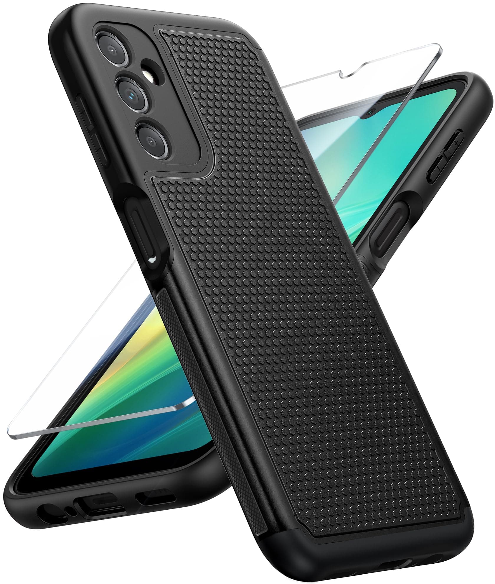 FNTCASE for Galaxy A14-5G Phone Case: Samsung A14 5G Military Grade Drop Protection, 14ft Drop Tested, Screen Protector Included, Anti-Slip Matte Textured, TPU+PC Dual Layer Shockproof Cover (Black)
