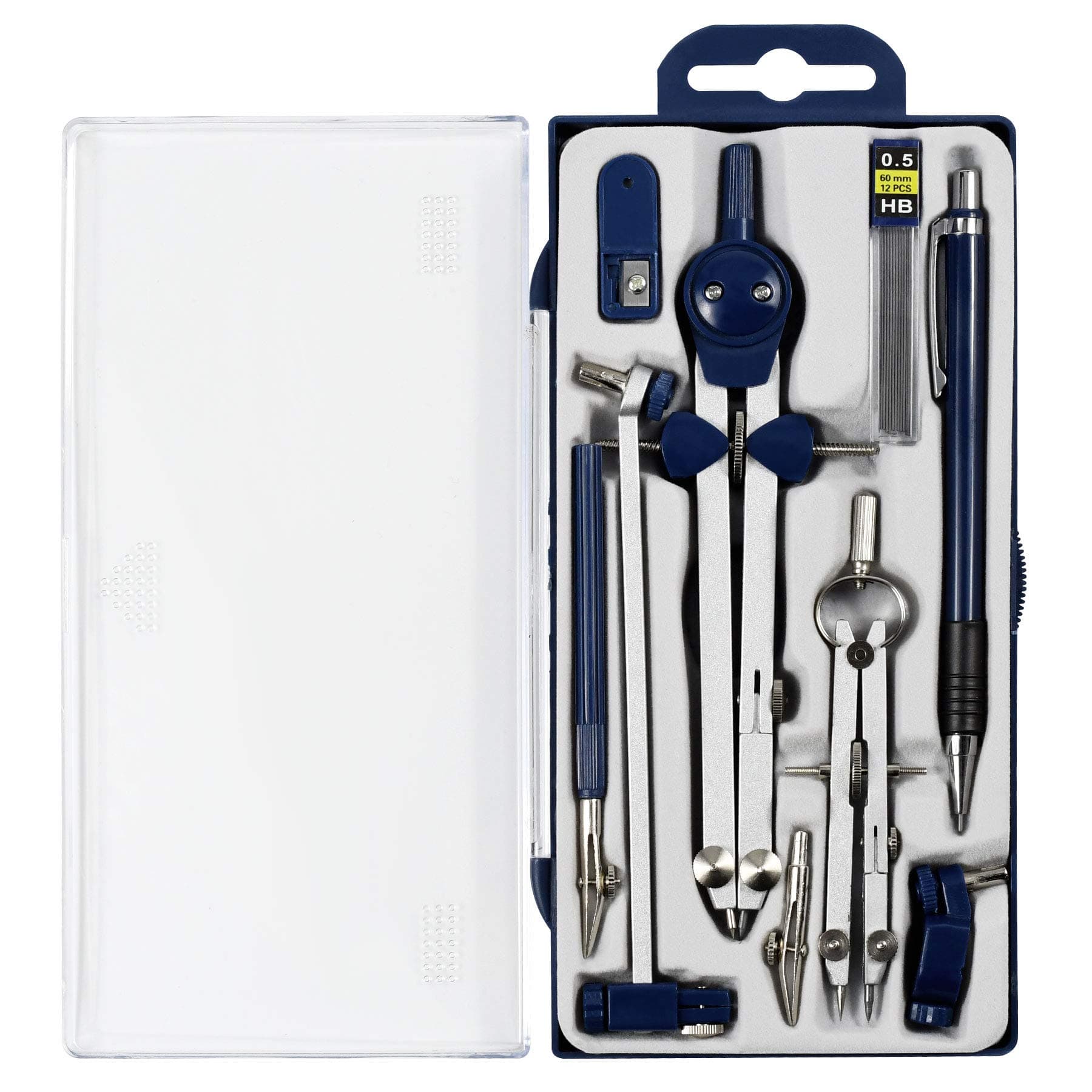 UNJOO Drawing 9Pc Geometry Set Metal Compass, Geometry Precision Tool for Student, Circle Drawing Tool and Architecture, Drafting Kits for Engineer with Shatterproof Storage Box (Blue)