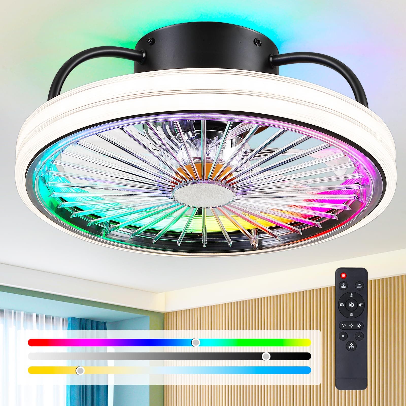 Mpayel Low Ceiling Fan with Light Modern Ceiling Fan 38CM RGB Dimmable Ceiling Fan with Housing Modern RGB LED Mood Lighting Leaf Free for Bedroom