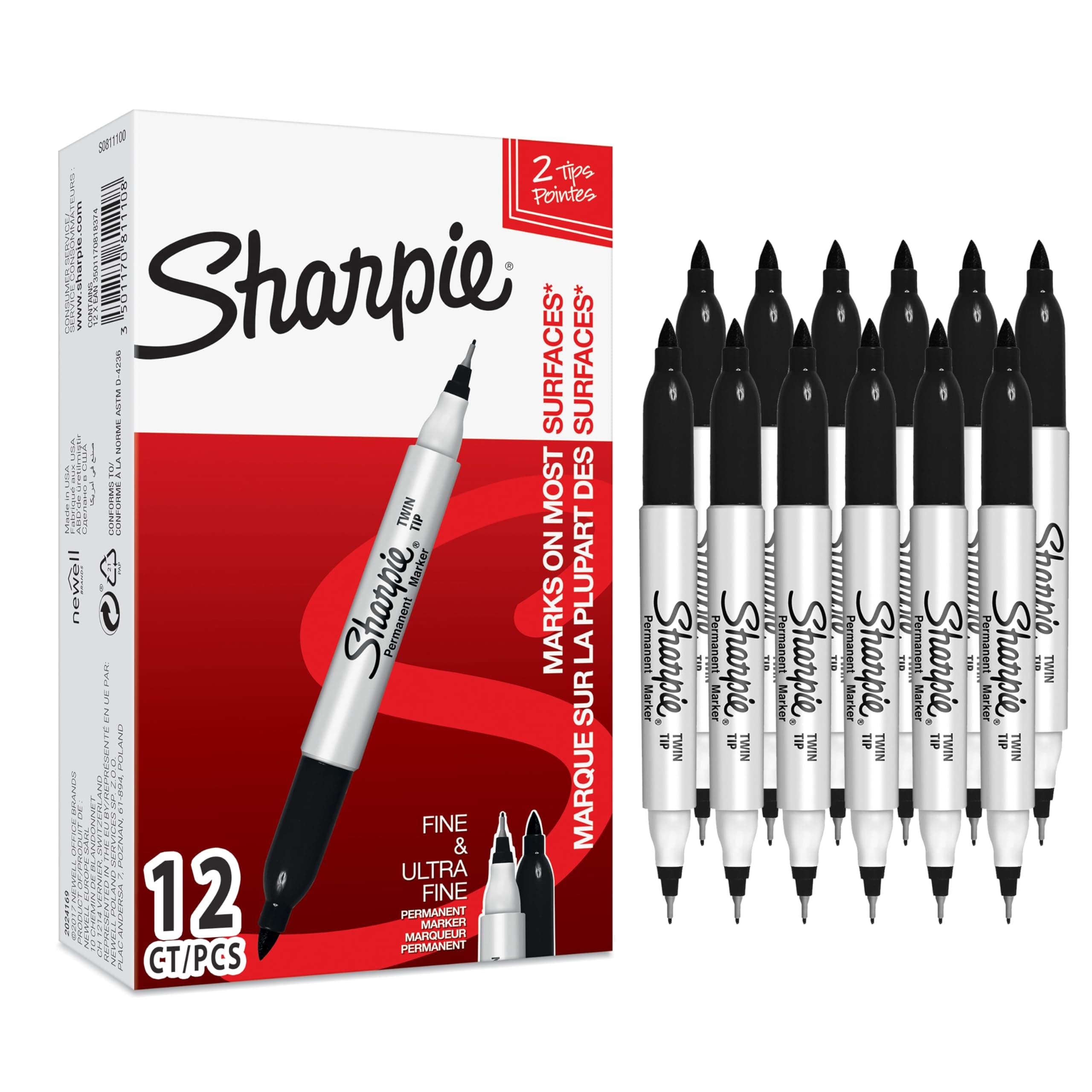 Sharpie Twin Tip Permanent Markers | Fine & Ultra-Fine Points | Black | 12 Count