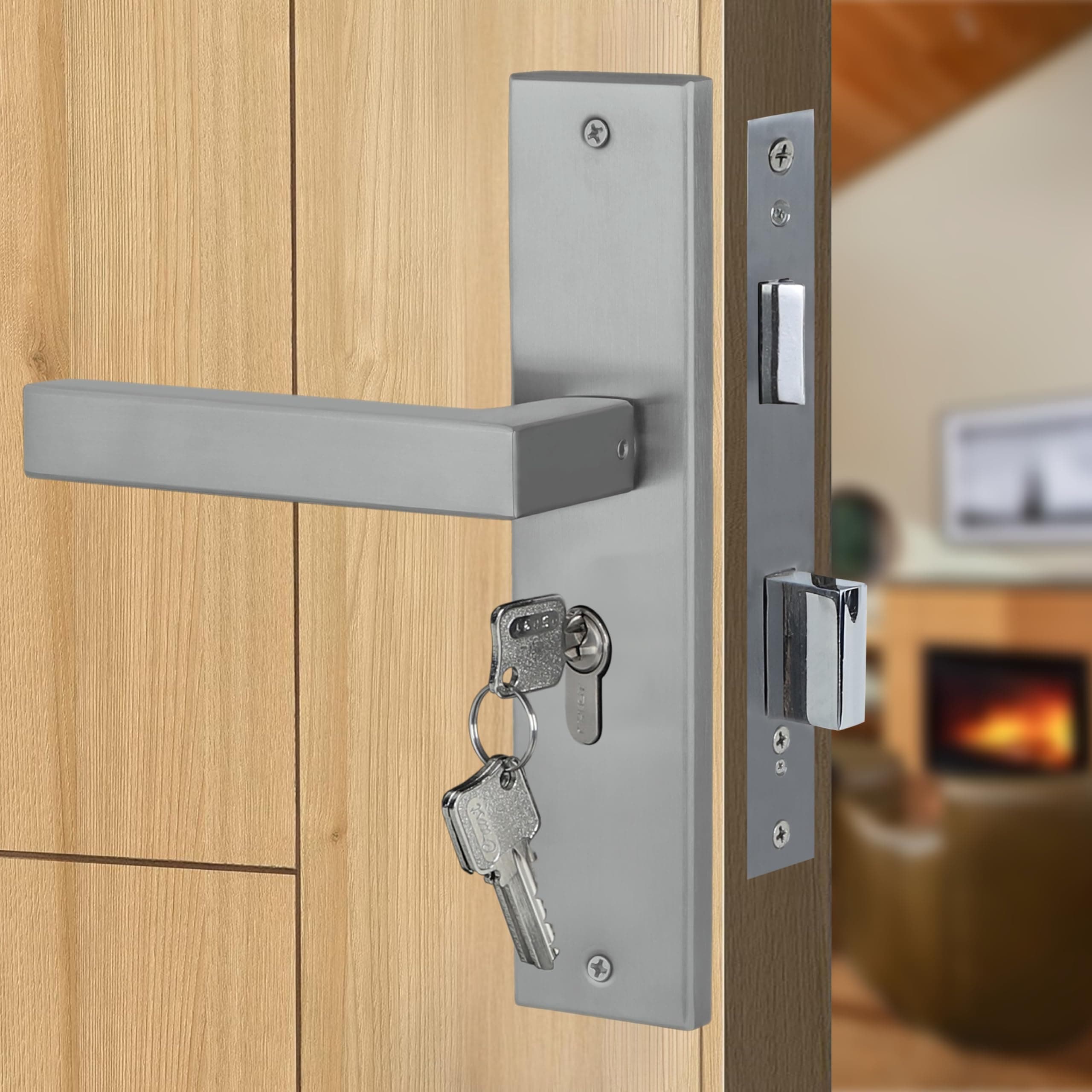 Blue Space Premium 8" Cylindrical Plate Mortise Door Lock Handle Set With 60mm Brass Cylinder, One Side Key, 3 Computer Keys (LB201, Matt Satin)