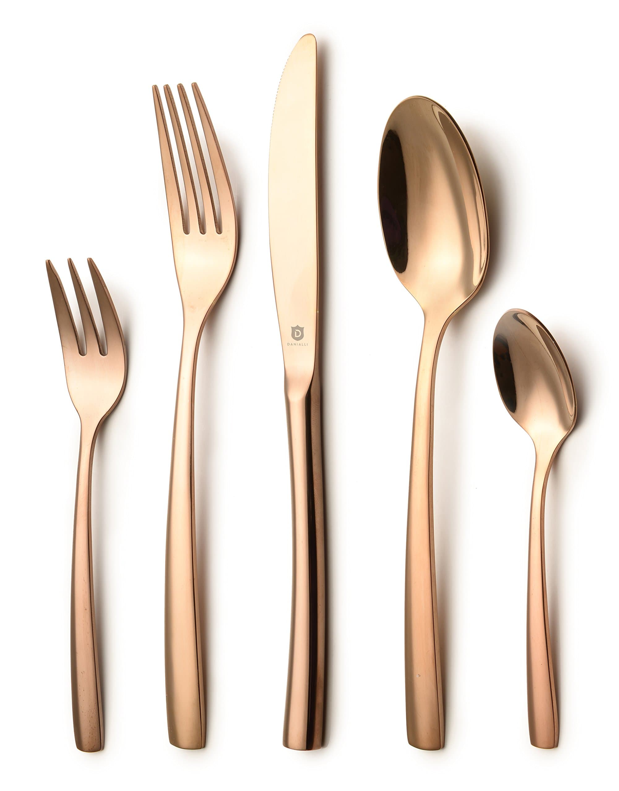 DANIALLI 20-Piece Rose Gold Flatware Set For 4, Modern Sleek Design Bronze Silverware Set, Copper Colored 18 10 Stainless Steel Utensils, Include Knife/Fork/Spoon, Dishwasher Safe