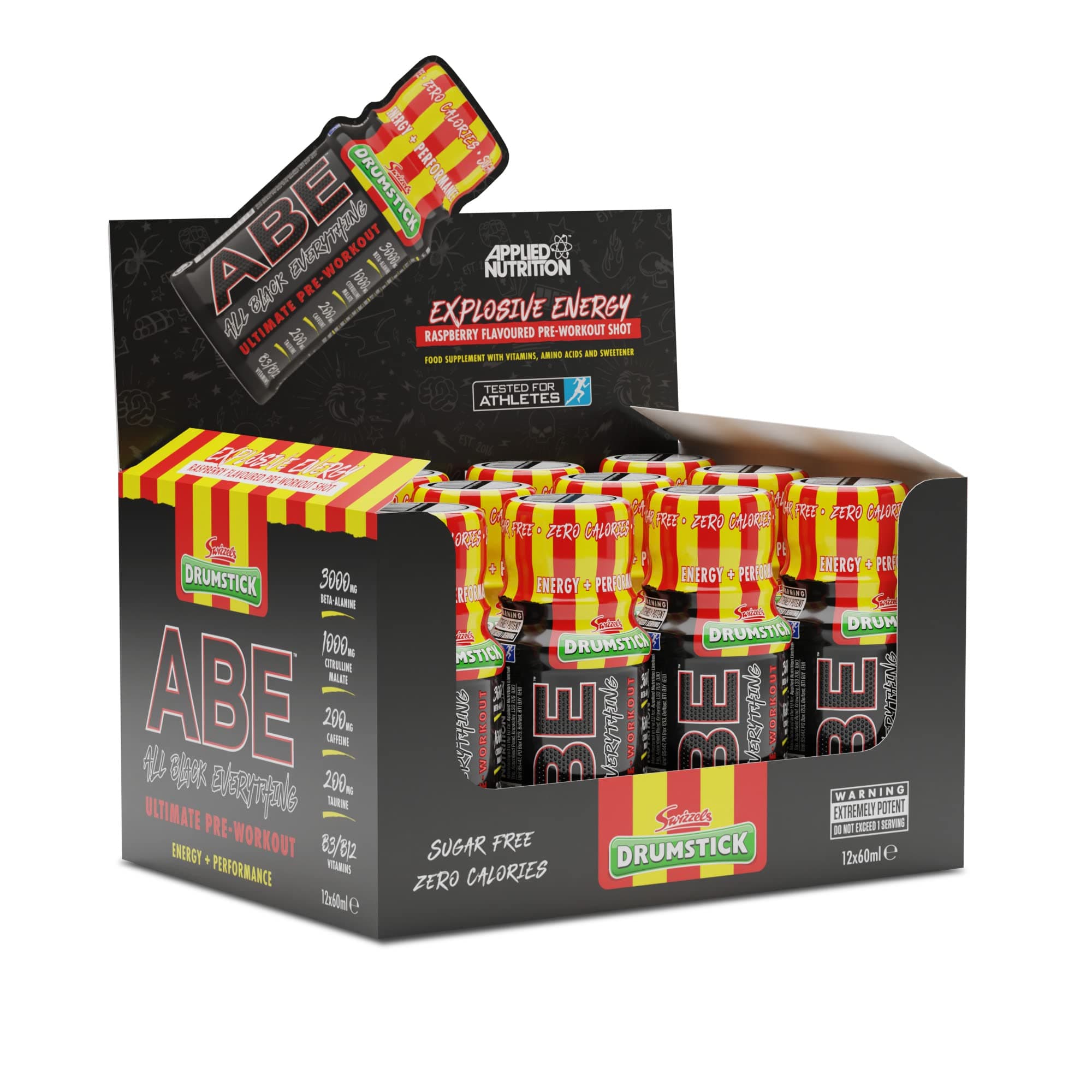 Applied Nutrition ABE Pre Workout Shot - All Black Everything Pre Workout Energy Shots, Physical Performance with Citrulline, Beta Alanine, Caffeine (Box 12 Units x 60ml) (Drumstick)