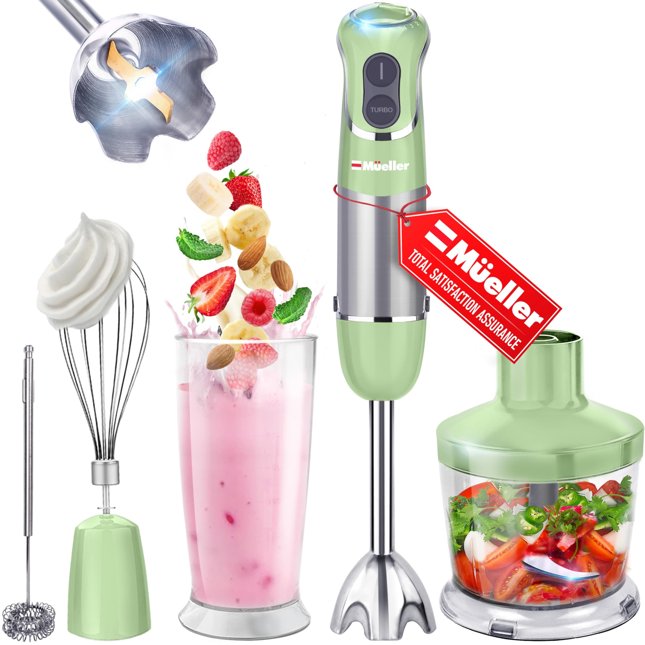 Mueller Multistick 800W 4-in-1 Immersion Blender Handheld, 12 Speed Hand Mixer - Turbo Boost, Heaviest Duty Copper Motor, Titanium Blades Hand Blender, Milk Frother Wand, Whisk, Beaker, Chopper, Green