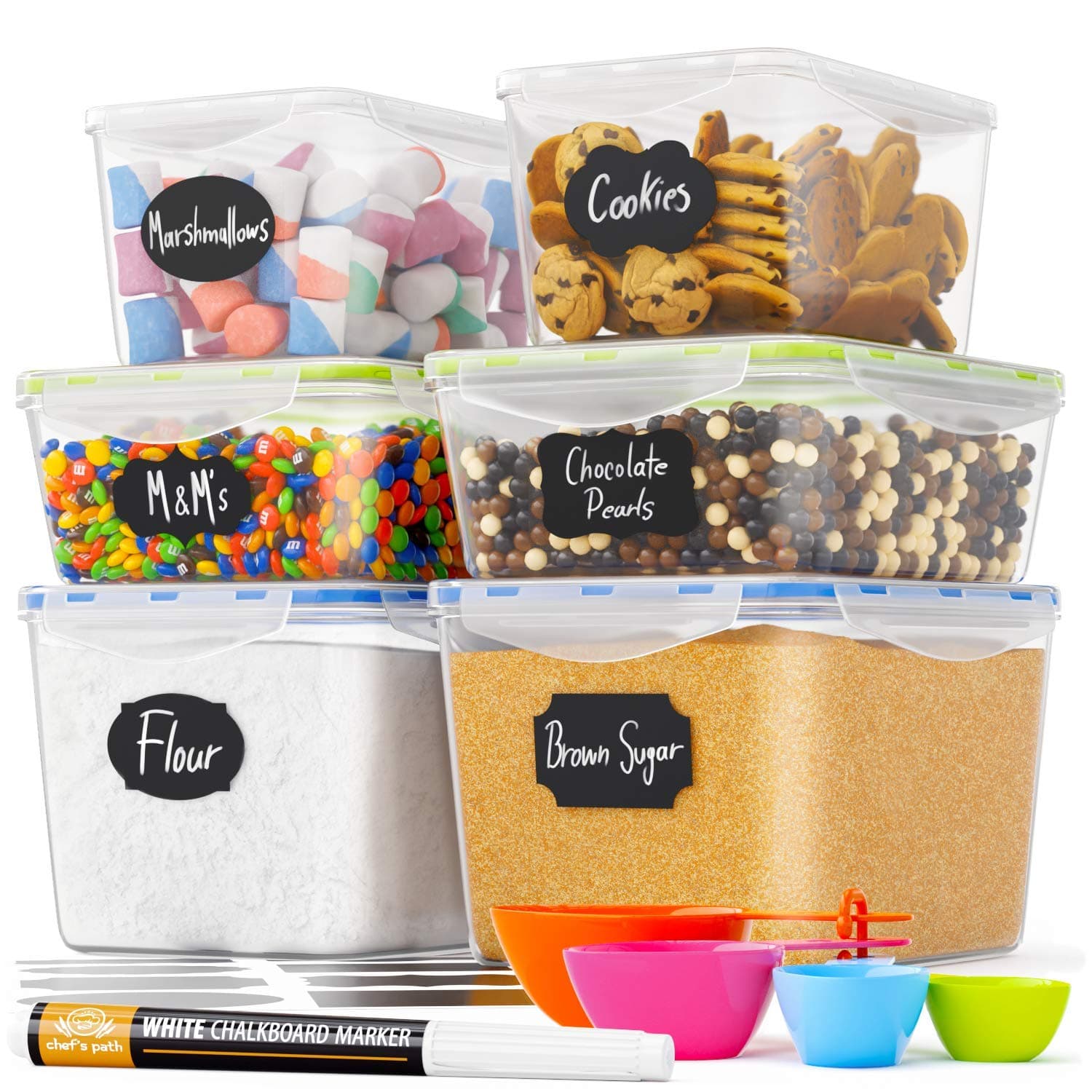 Chef’s Path Large Food Storage Containers - Great for Flour, Sugar, Baking Supplies - BEST Airtight Kitchen & Pantry Bulk Food Storage - BPA Free - 6 PC Set & 8 FREE Chalkboard Labels & Pen