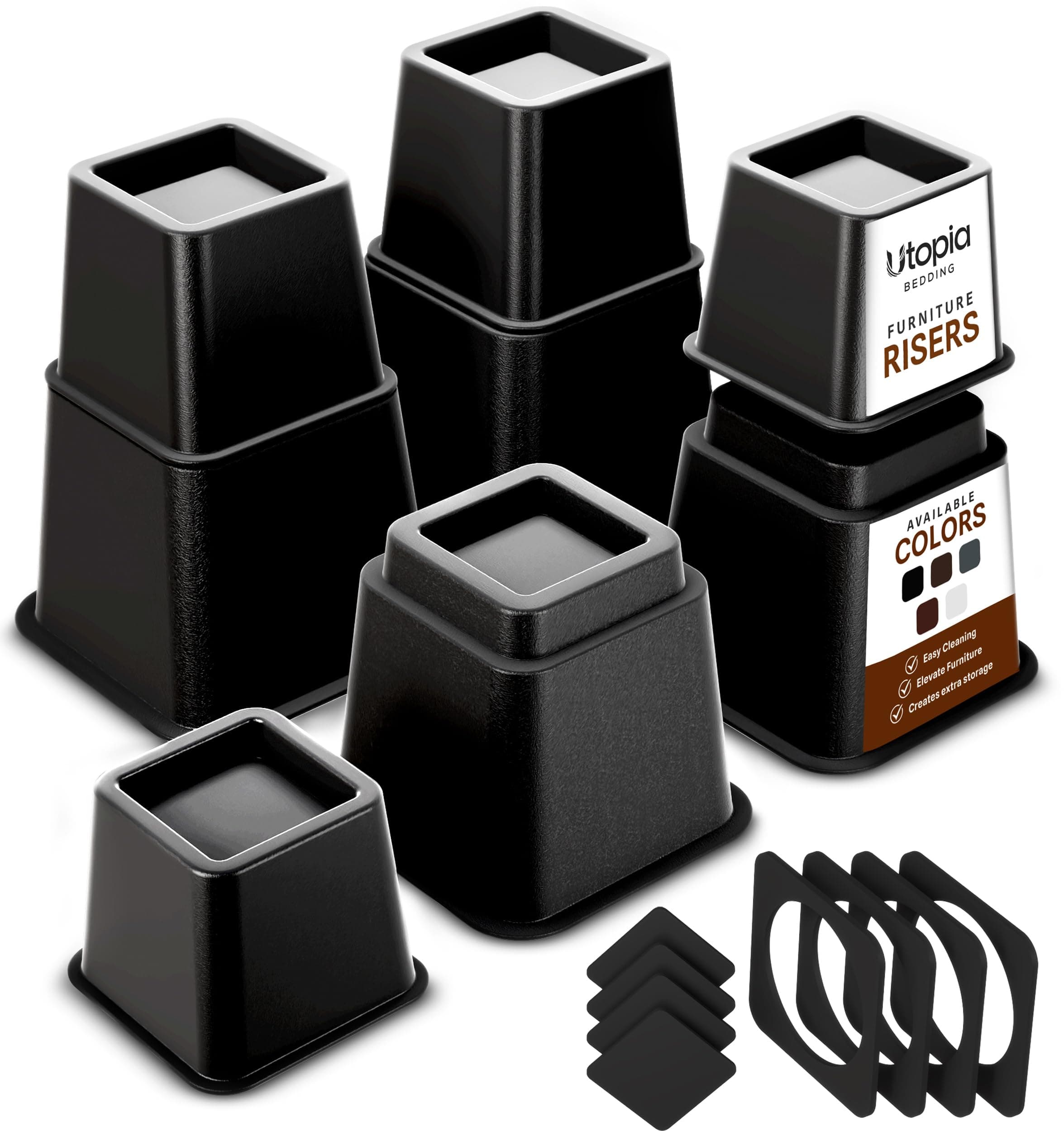 Utopia Bedding 8 Piece Premium Adjustable Furniture Risers (4 High and 4 Short) - Heavy Duty Riser with Strong Space Saving for Beds, Tables, Chairs or Sofas (3, 5 or 8 Inch) - Black