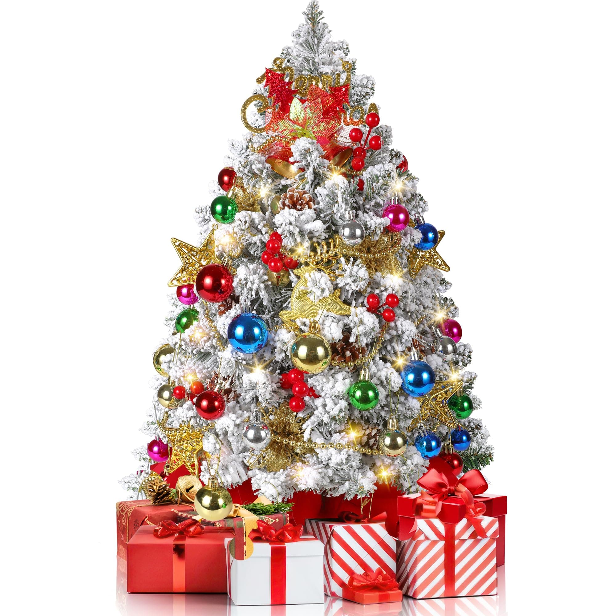 2FT Mini Christmas Tree, Snow Flocked Artificial Christmas Trees, 100 Lifelike Branches, 60 LED Lights, 58 Ornaments, 24 Inches Tabletop Prelit Small Christmas Tree for Holiday Indoor DIY Decor