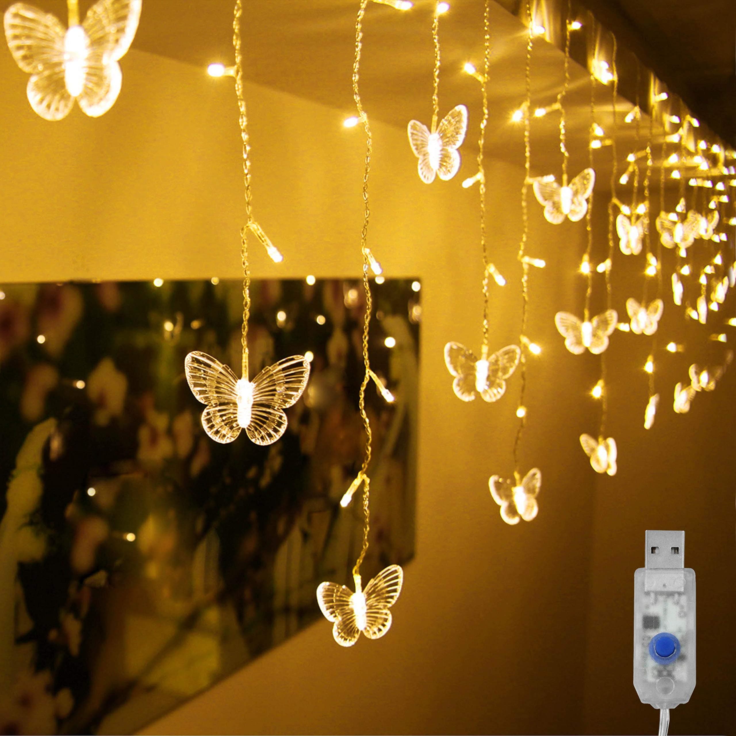 Decorman Butterfly Curtain Lights, 4.9ft 48 LED USB Window Fairy Lights 10 Butterflies 8 Modes Firefly Twinkle String Lights for Room Bedroom Wall Ceiling Party Wedding Christmas (Warm White)