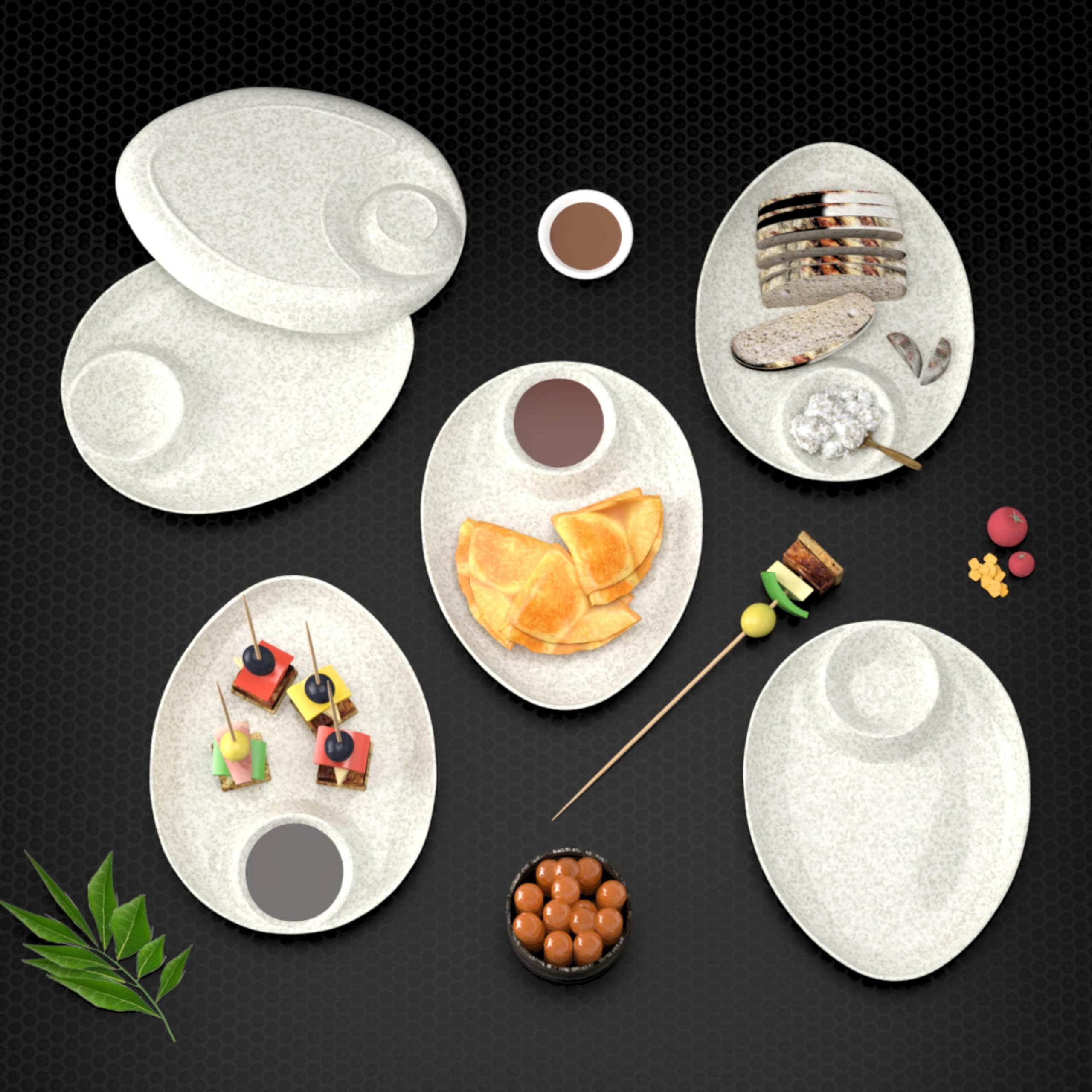 Castleite Wales Multi-Purpose Kitchen Serving Platter: Deluxe Melamine Crockery Set of 6 Serving Plates - Versatile Chip and Dip Dish for Snacks, Starters & Desserts (Marble White)
