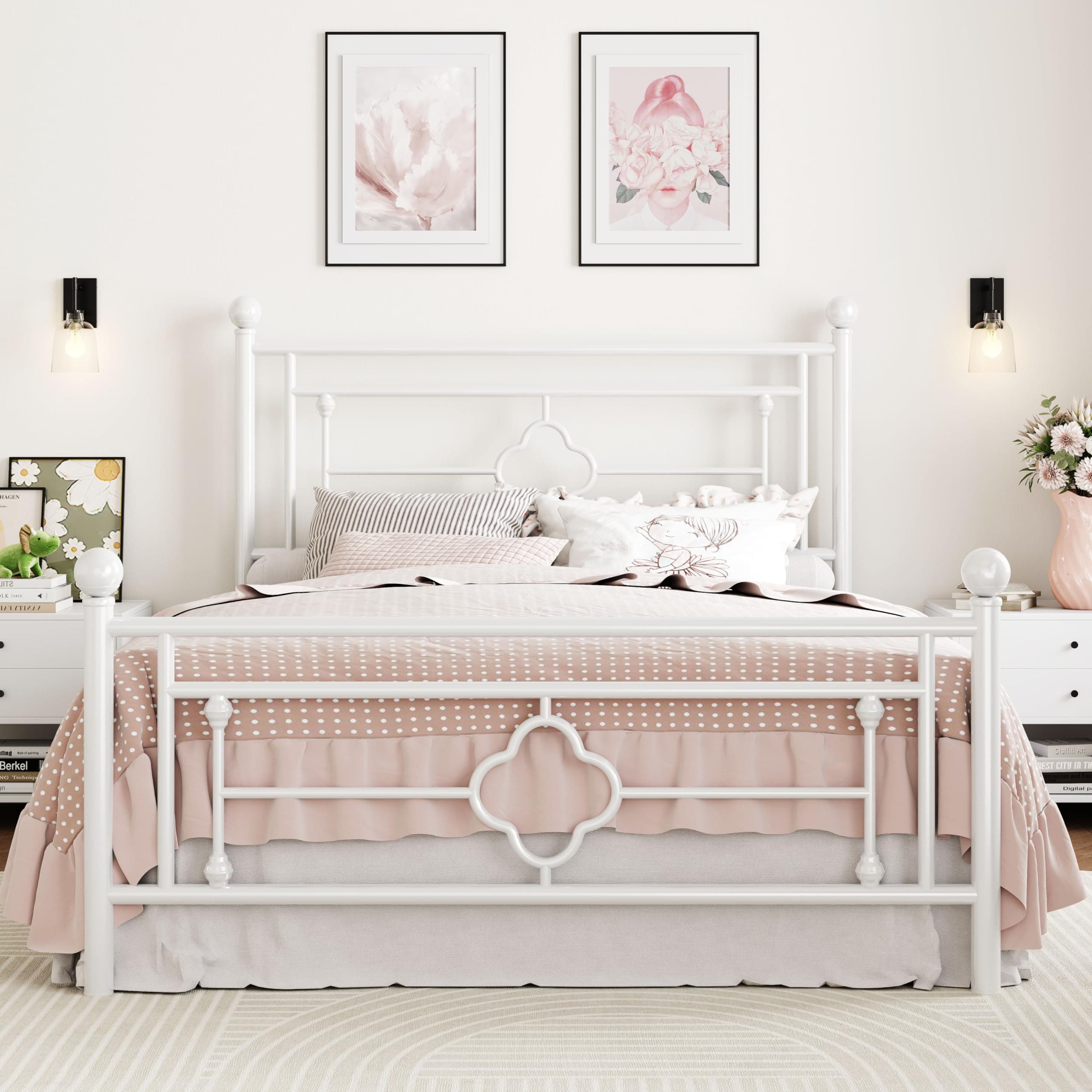 SHA CERLIN 14 Inches Queen Size Metal Platform Bed Frame/Vintage Iron-Art Headboard and Footboard/Mattress Foundation for Storage/No Box Spring Needed/Noise-Free/Easy Assembly/White