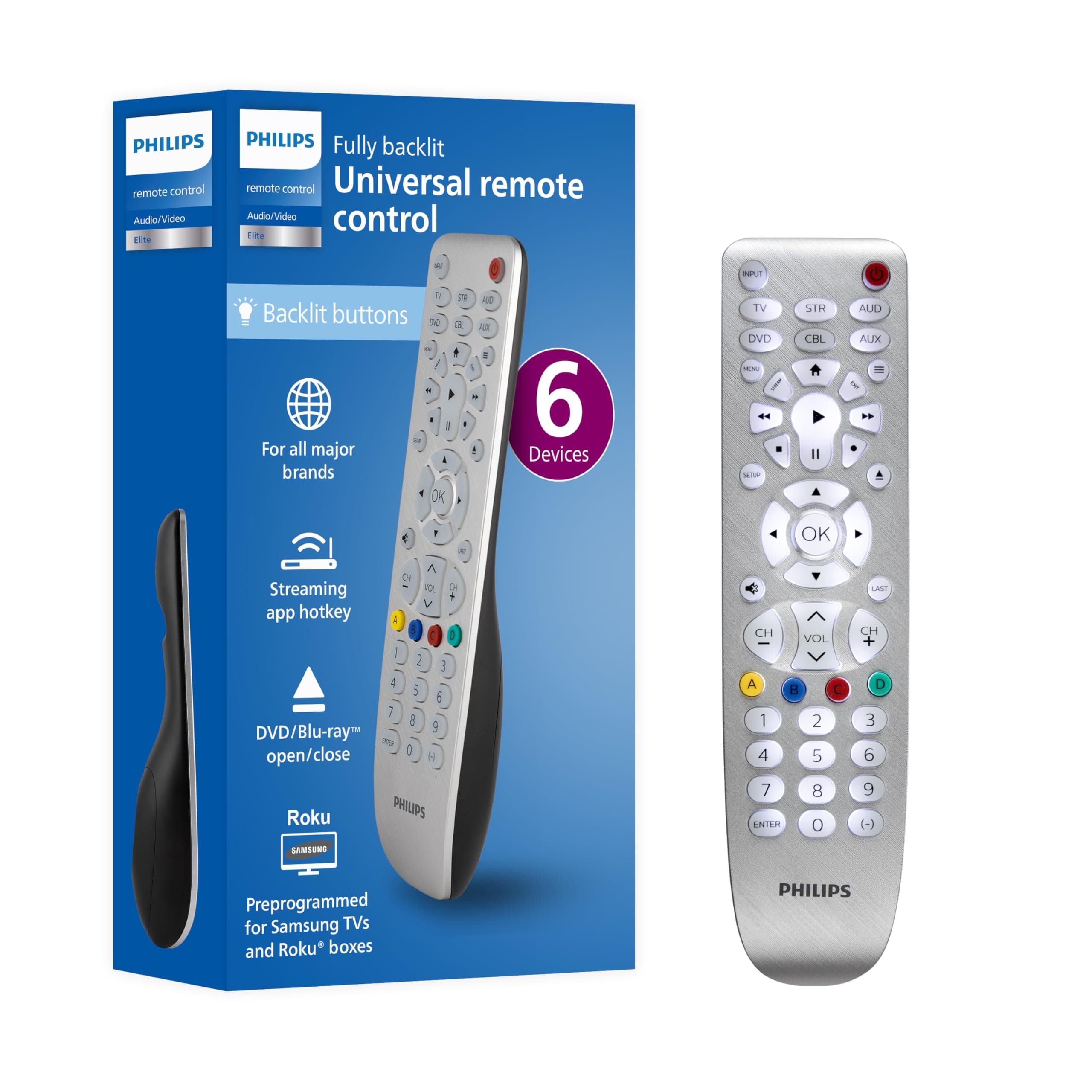 Backlit Universal Remote Control by Philips, Works for Samsung, Vizio, TCL, HiSense, Sony, RCA, Panasonic, Roku, Apple TV, Smart TVs, Streaming Players, Blu-Ray, DVD, 6-Device, Silver, SRP3016S/27