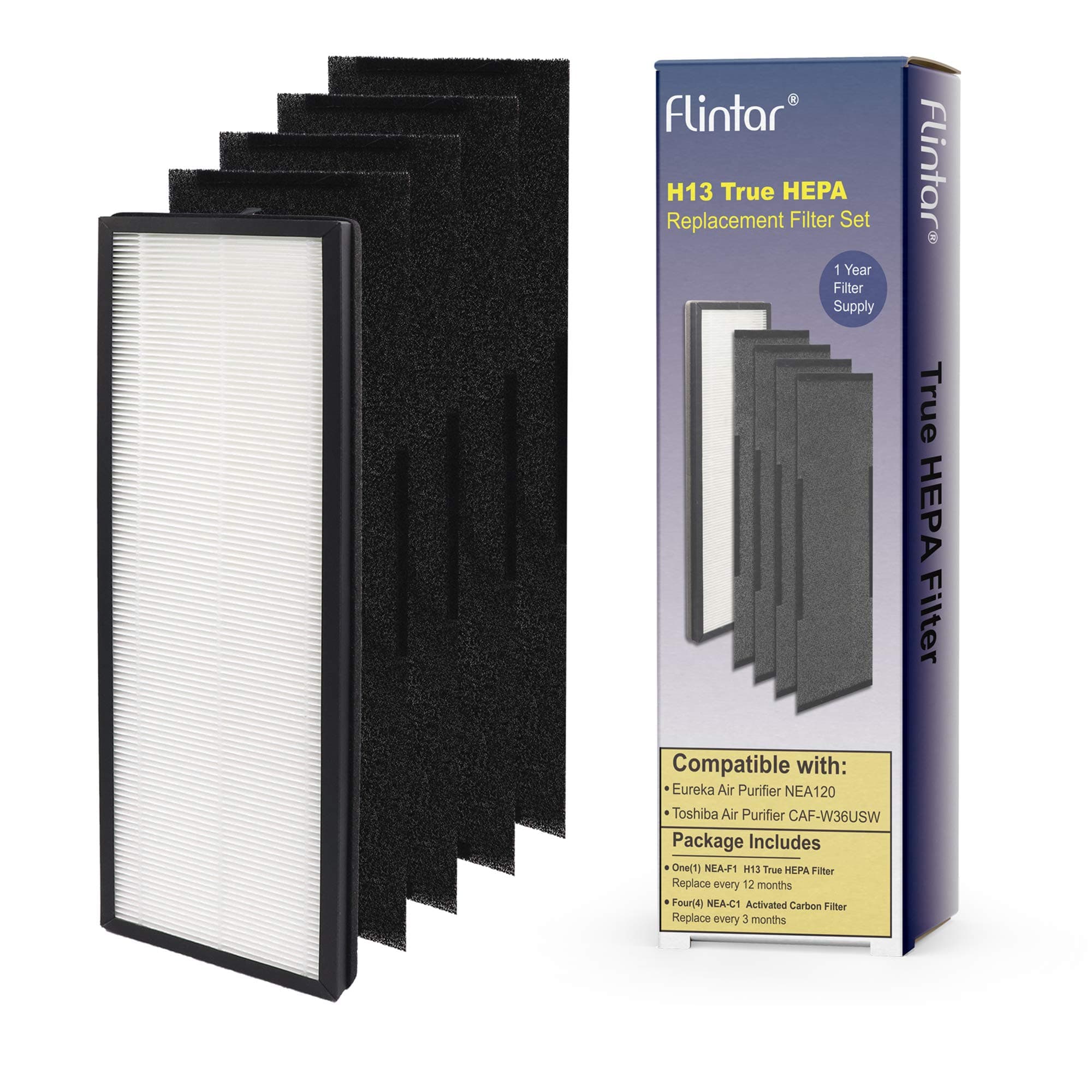 Flintar H13 True HEPA Replacement Filter, Compatible with Eureka NEA120 and Toshiba Smart WiFi Air Purifier, H13 Grade True HEPA (NEA-F1) and 4 Activated Carbon Filters (NEA-C1) (Set of 1)