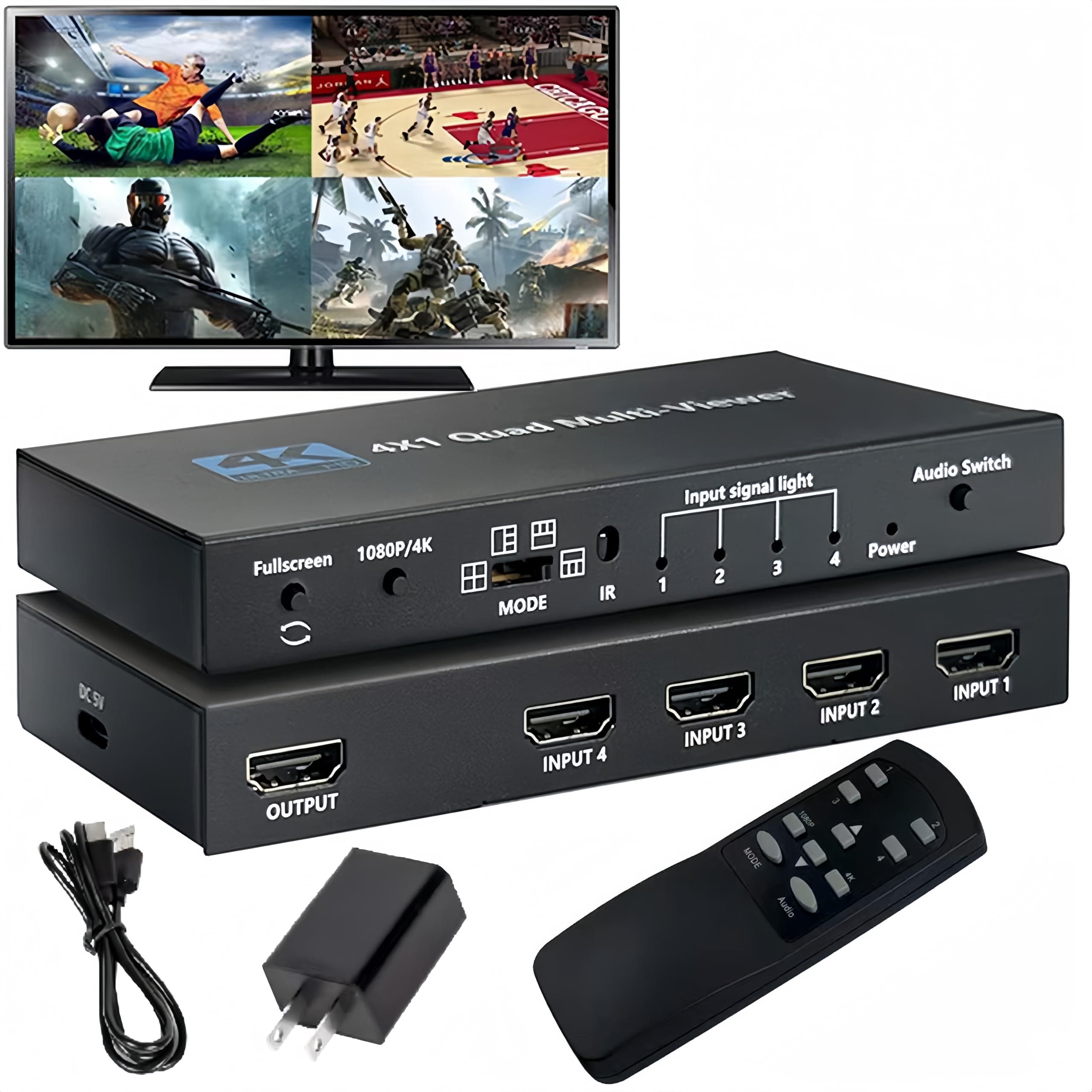 4K HDMI Multiviewer 4X1 with IR Remote 4 Channels Screen Divider 4HDMI Input 1 Output Seamless Switch Supports 4K@60Hz(YUV)/4K@30Hz(RGB)/1080P Full HD HDCP1.4 5 View Modes 1×1 2×2 1+3 etc