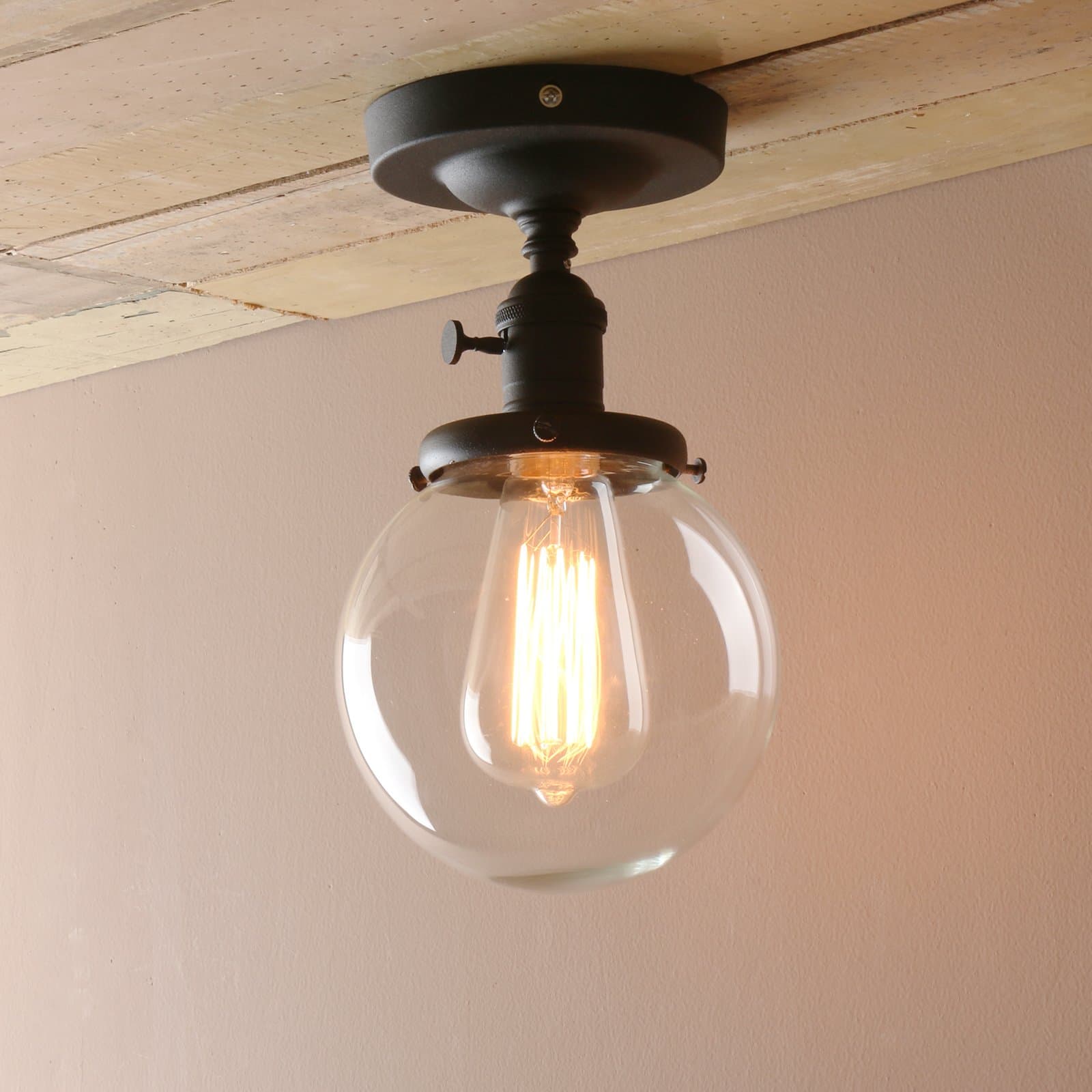 Industrial Semi-Flush Mount Ceiling Light, Vintage Style Pendant Lighting, Glass Shade Hanging Light Fixtures for Laundry Room Living Room Cafe Bar