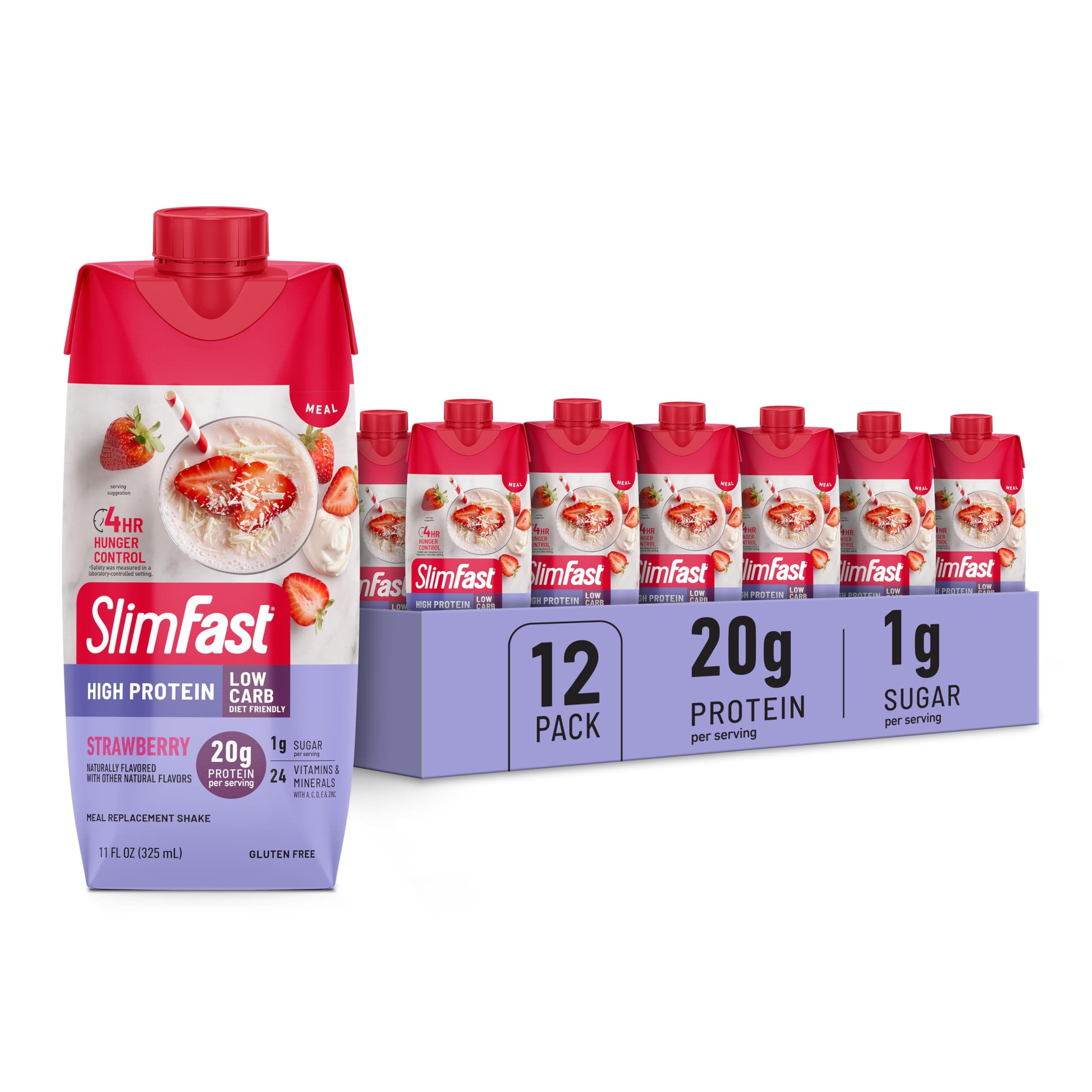 SlimFast Protein Shake, Strawberry- 20g Protein, Meal Replacement Shake Ready to Drink, High Protein with Low Carb and Low Sugar, 24 Vitamins and Minerals, 12 Count (Pack of 1) (Packaging May Vary)