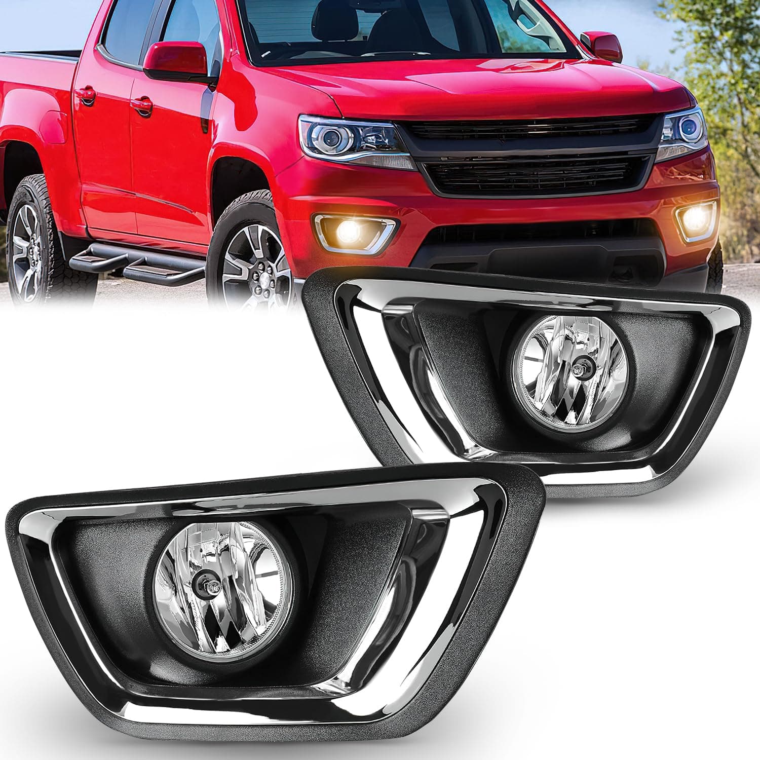 Fog Light Assembly Compatible with 2015 2016 2017 2018 2019 2020 Chevy Colorado Driving Bumper Fog Lamps with 12V 24W 5202 Bulbs Clear Lens Black& Chrome Bezel