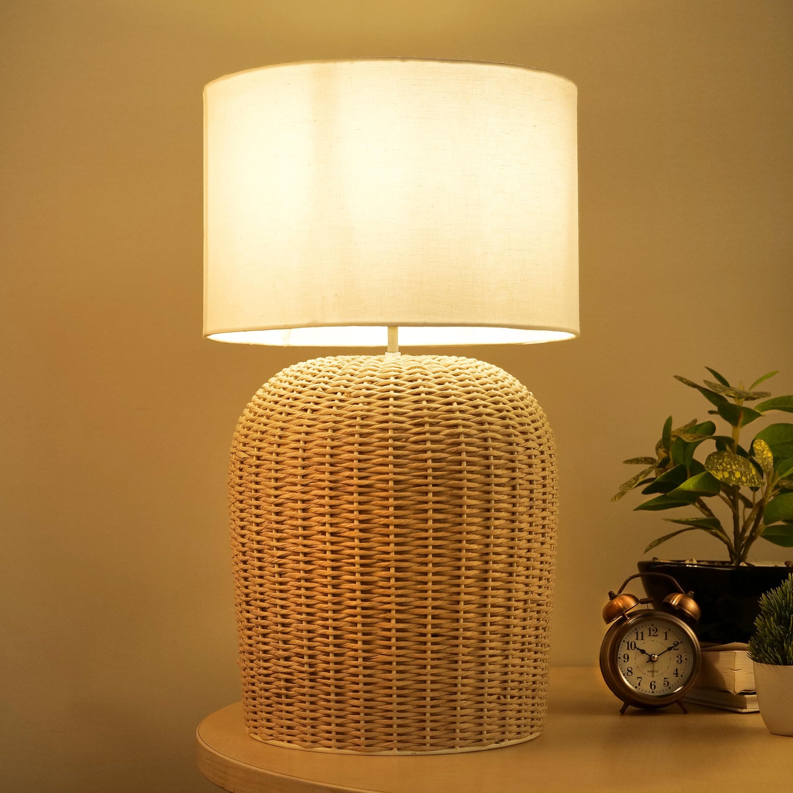 Decazone Rattan Handmade Wicker TableLamp, Beside Table Lamps, Study Table Lamps, Side Lamps Light Decoration for Home, Living Room, Bedroom Bedside, Hall (White)