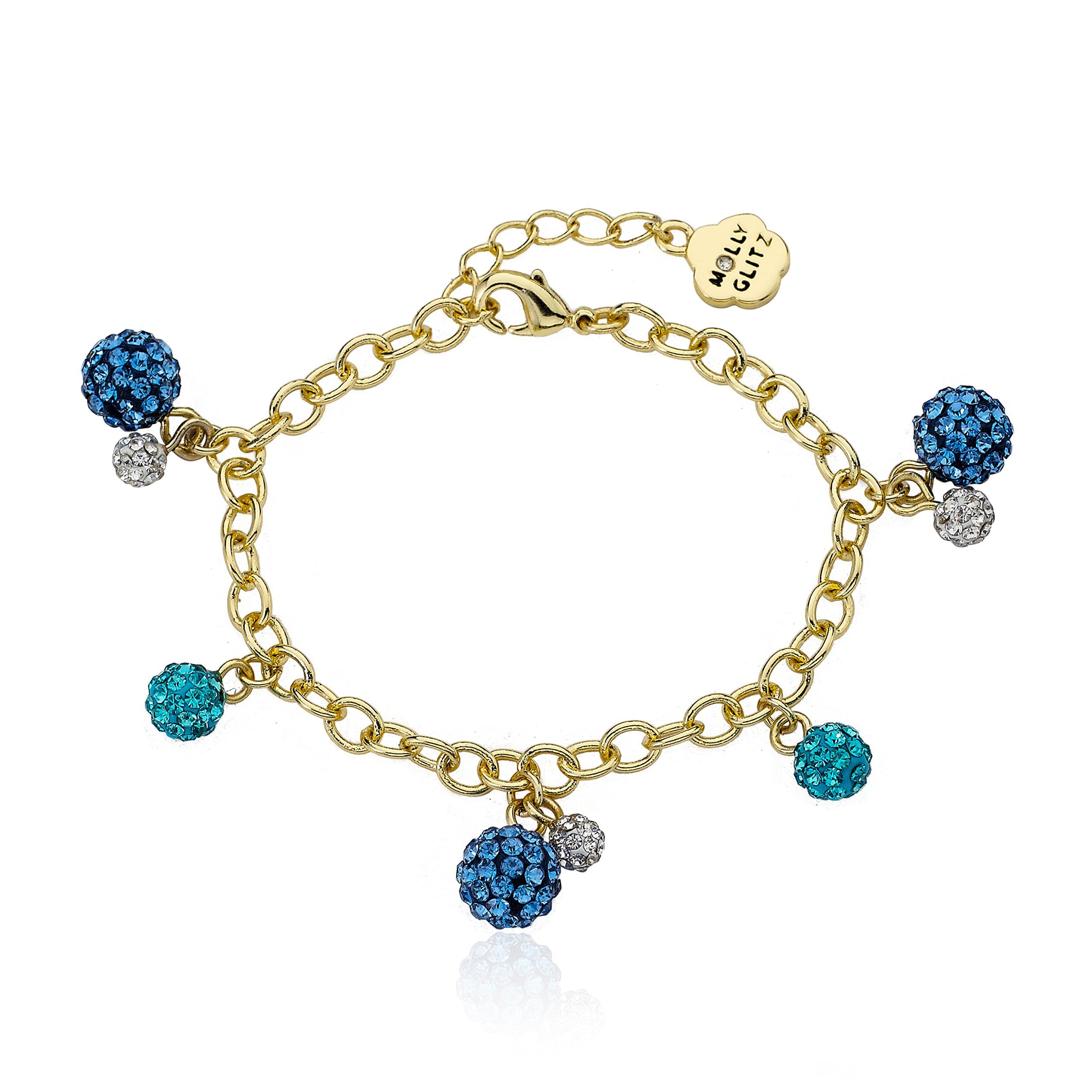 Molly Glitz "Glitz Blitz" 14k Gold-Plated Blue, Aqua and White Crystal Balls Charm Bracelet