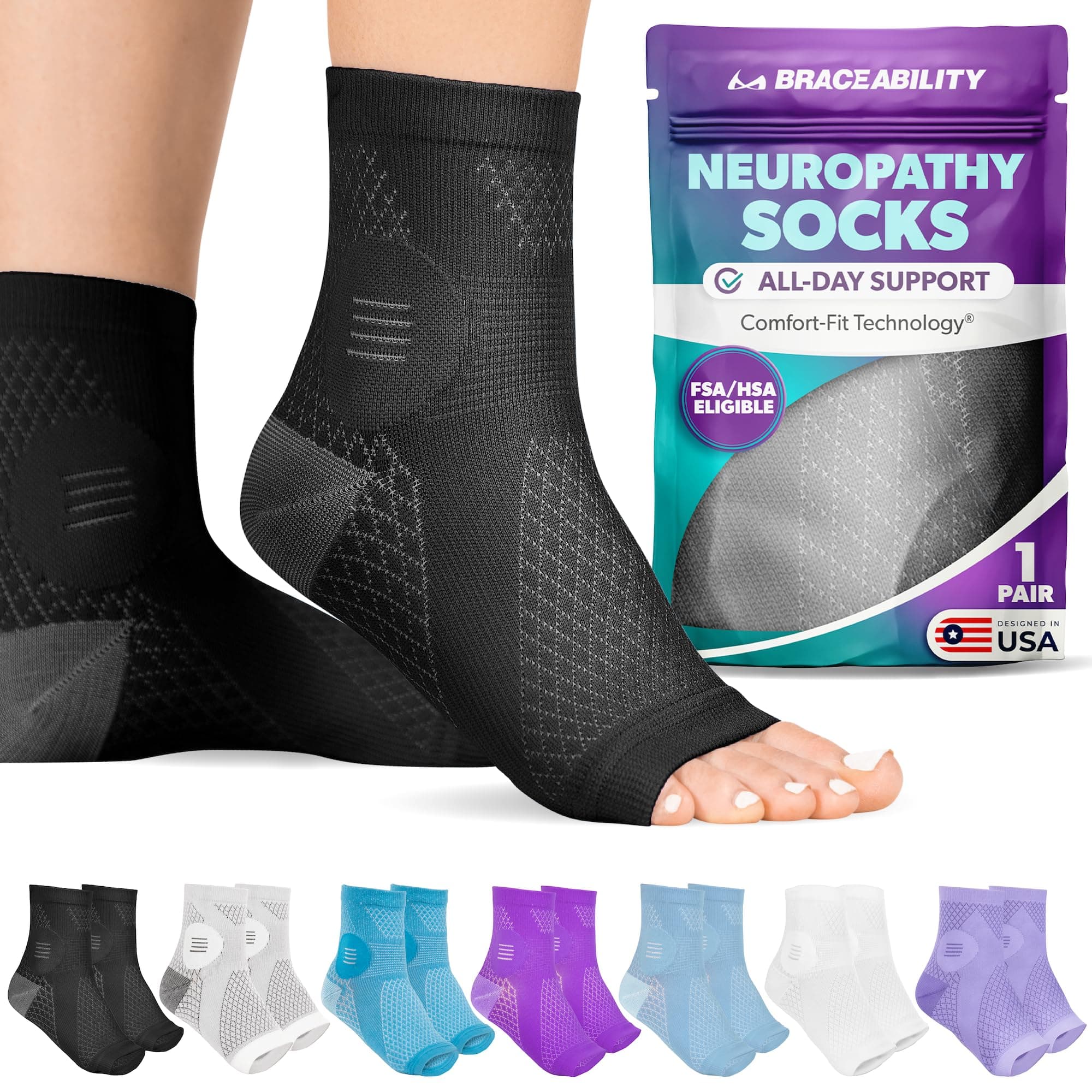 BraceAbility Neuropathy Socks (Pair) - Peripheral Neuritis Compression Diabetic Toeless Foot Sleeves for Nerve Damage Pain in Feet, Ankle Gout, Plantar Fasciitis Relief Brace for Men and Women (L - Black)