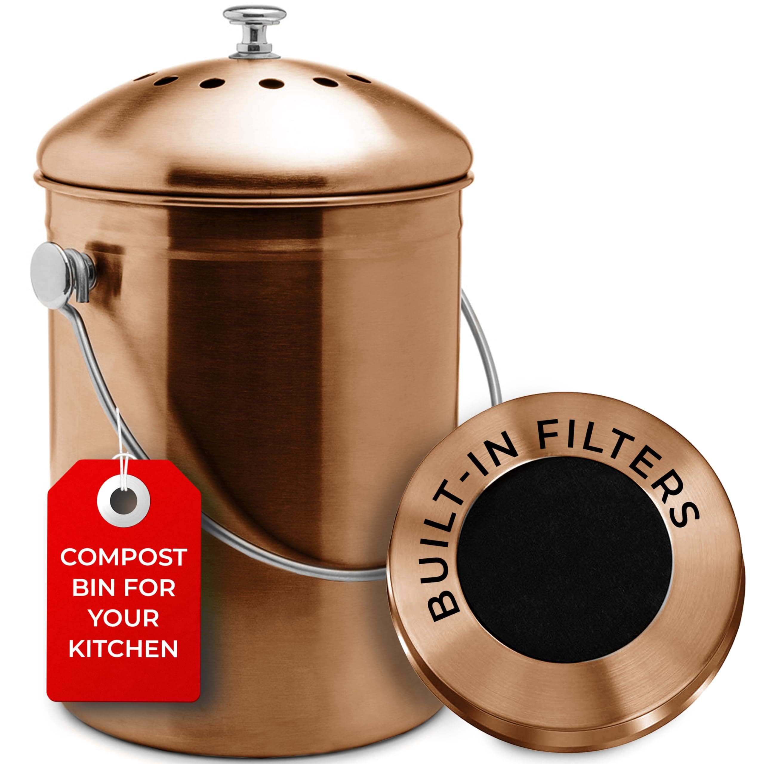 Countertop Compost Bin Kitchen | 1.3 Gallon | Odorless Composting Bin with Carbon Filters | Indoor Compost Bin with Lid | Stainless Steel Kitchen Composter for Food Scraps & Waste Recycling