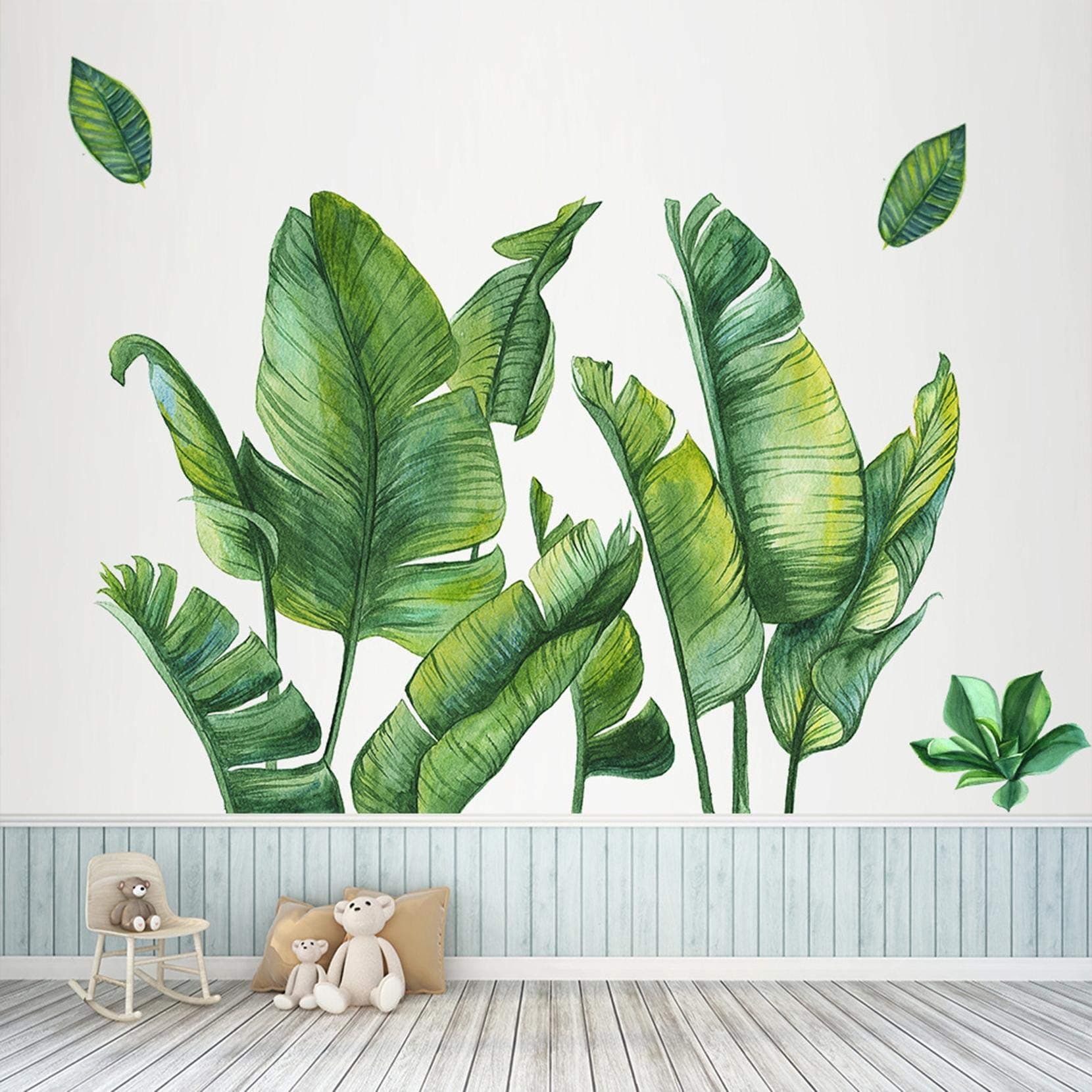Palm Tree Wall Decals, Green Potted Wall Art Mural Decor,Monstera Palms Tree Leaf Wallpaper,Removable Tropical Plants Tree Leaves Wall Stickers for Kids Room Living Room TV Background Bedroom