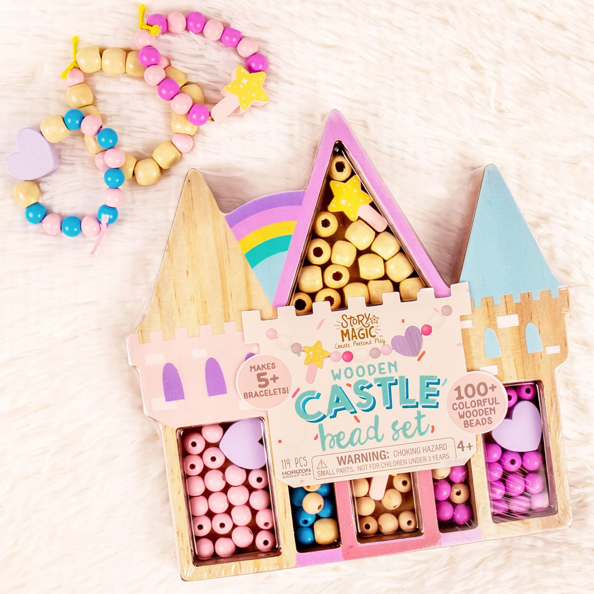 Story Magic Castle Bead Set by Horizon Group USA, Create Your Own Magical Beaded Jewelry, Includes Over 100 Natural Wooden Beads Large Hole, 5 Pre-Cut Elastic Cording with Shoelace Ends, Storage Case