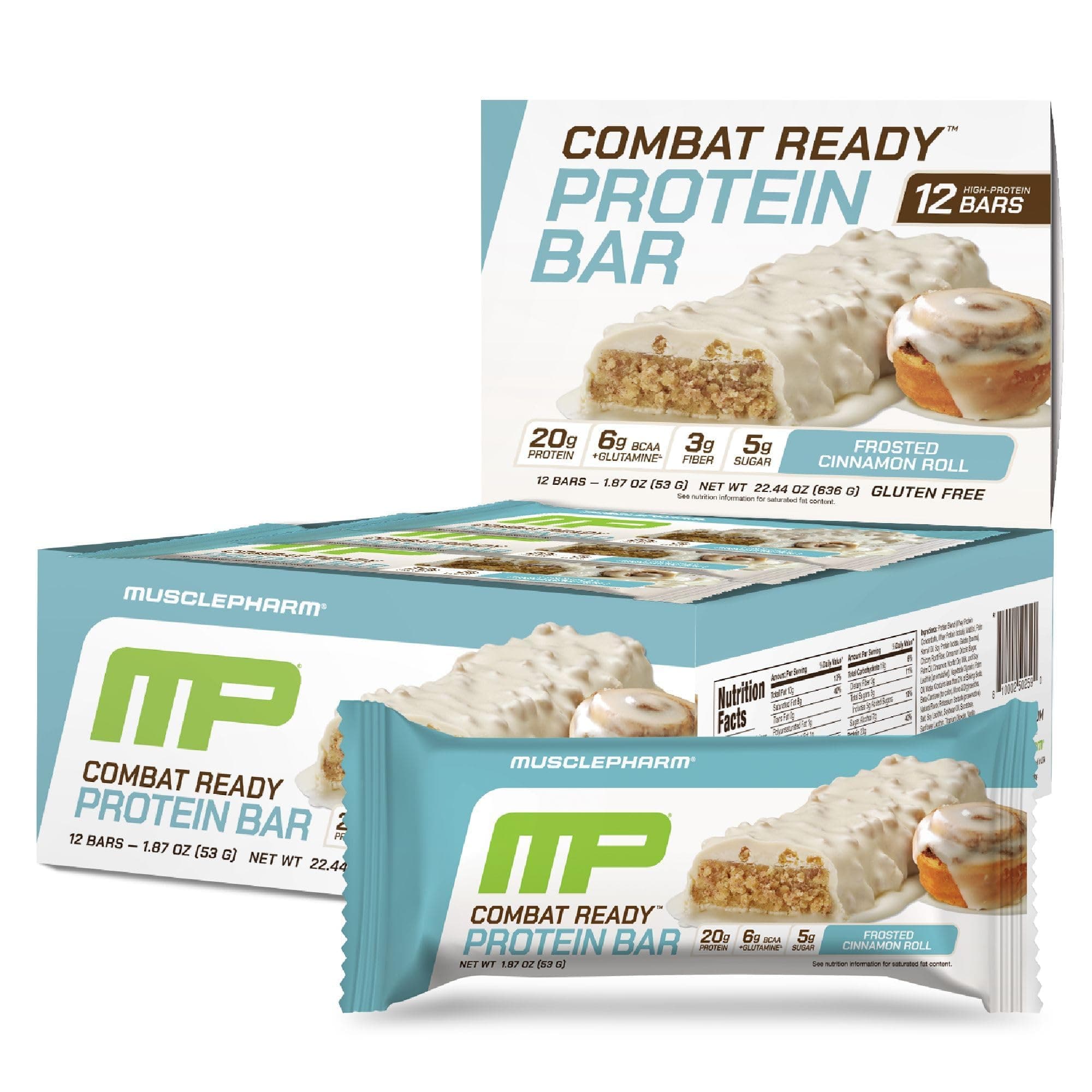 MusclePharm Combat Ready Protein Bar, Cinnamon Roll High Protein Bars, Combat Cravings, Fuel Performance & Meet Energy Demands, 20g Protein from Whey Protein, 3g Fiber, Gluten Free, 12 Bars