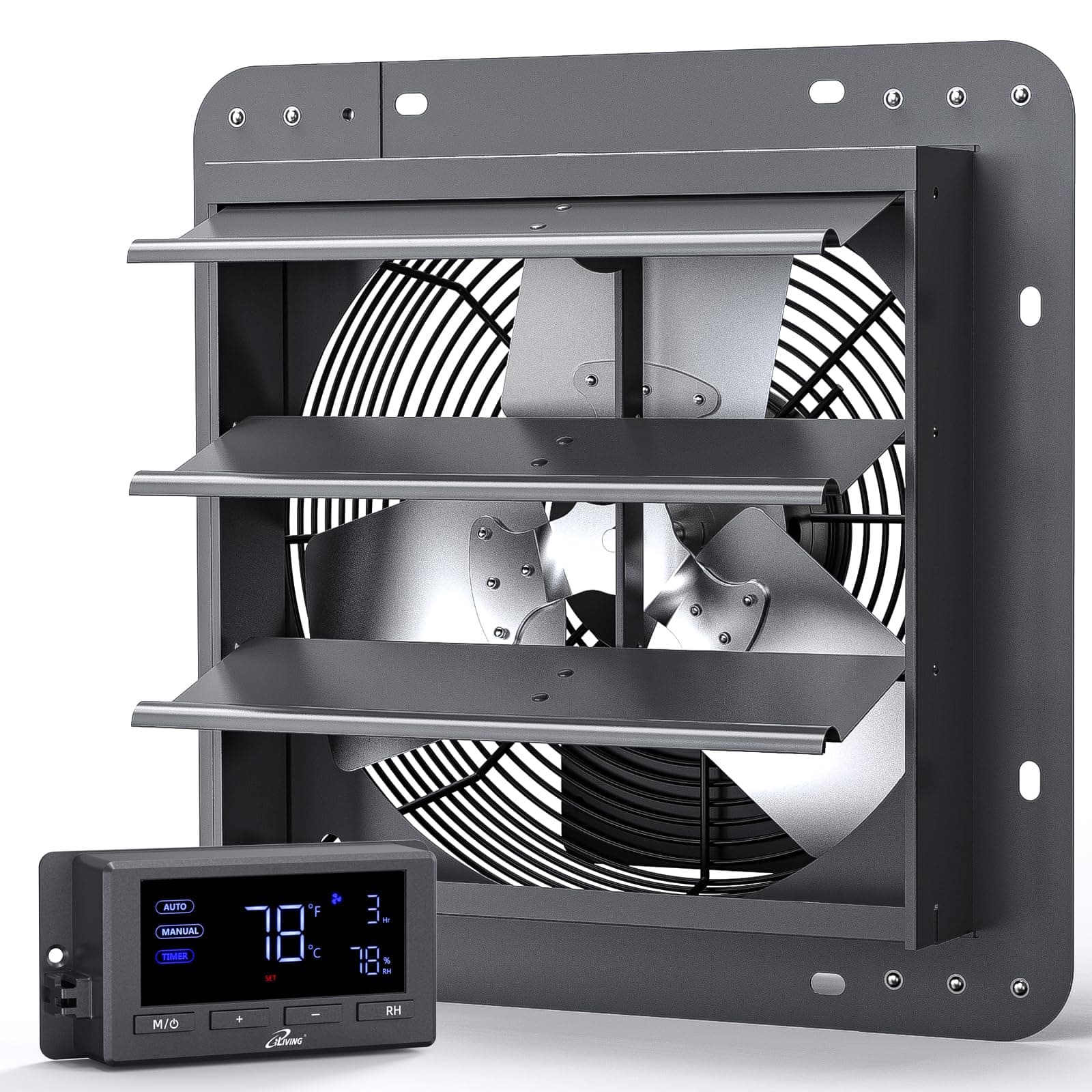 iLiving 12" Wall Mounted Shutter Exhaust Fan, Automatic Shutter, Temperature and Humidity Controls with Variable Speed, 960 CFM at 1600 RPM DC Motor