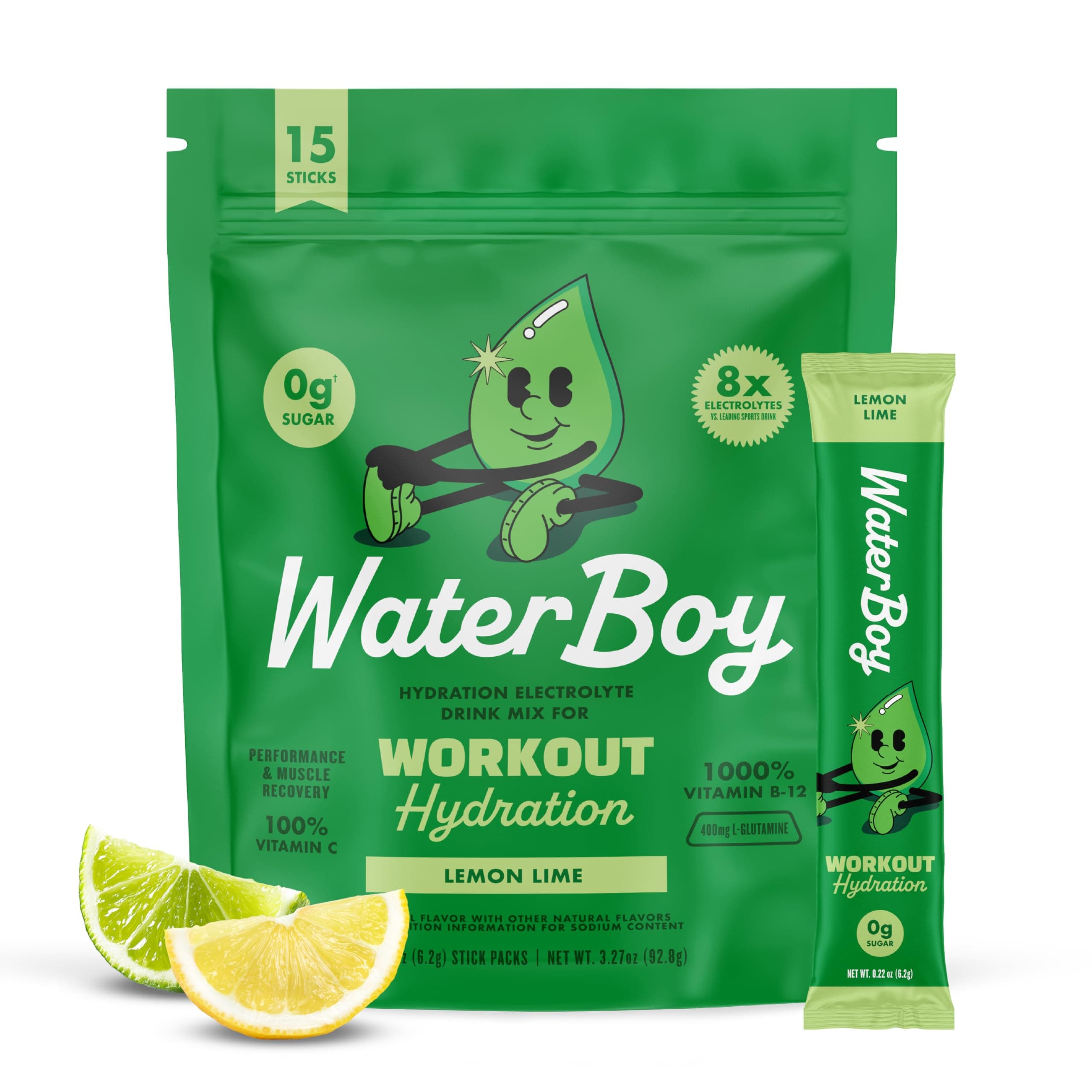 Workout Hydration | 2,960mg Sugar Free Electrolyte Powder Packets | L-Glutamine + Vitamins | No Sugar, All Natural, Gluten Free | 15 Drink Stick Mixes (Lemon Lime)