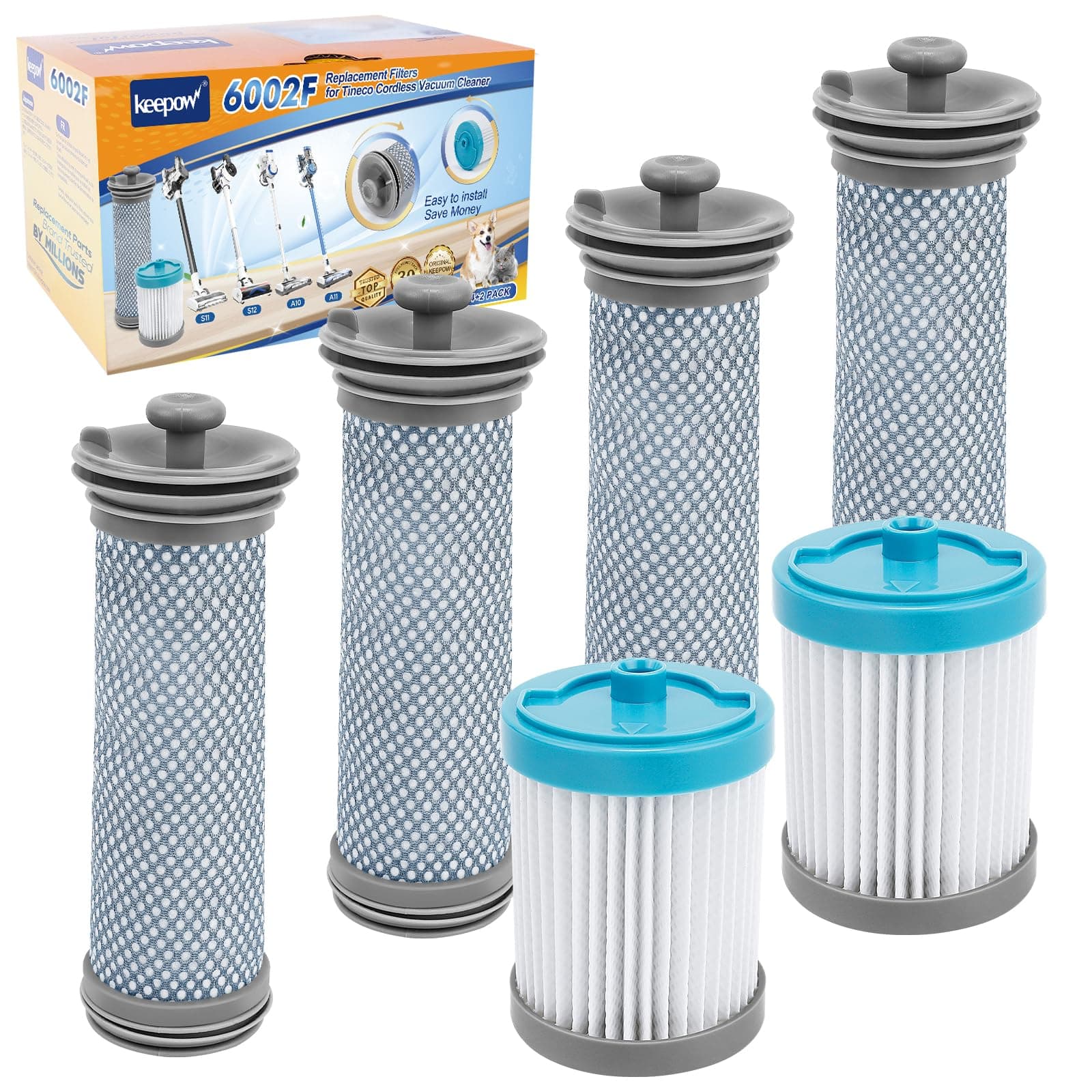KEEPOW A10 Vacuum Filter Replacement Compatible with Tineco A10 A11 Hero A10/A11 Master PURE ONE S11 Series, S12, X Cordless Vacuum Cleaner (4 Pack Pre-Filter and 2 Pack Post-Filter)