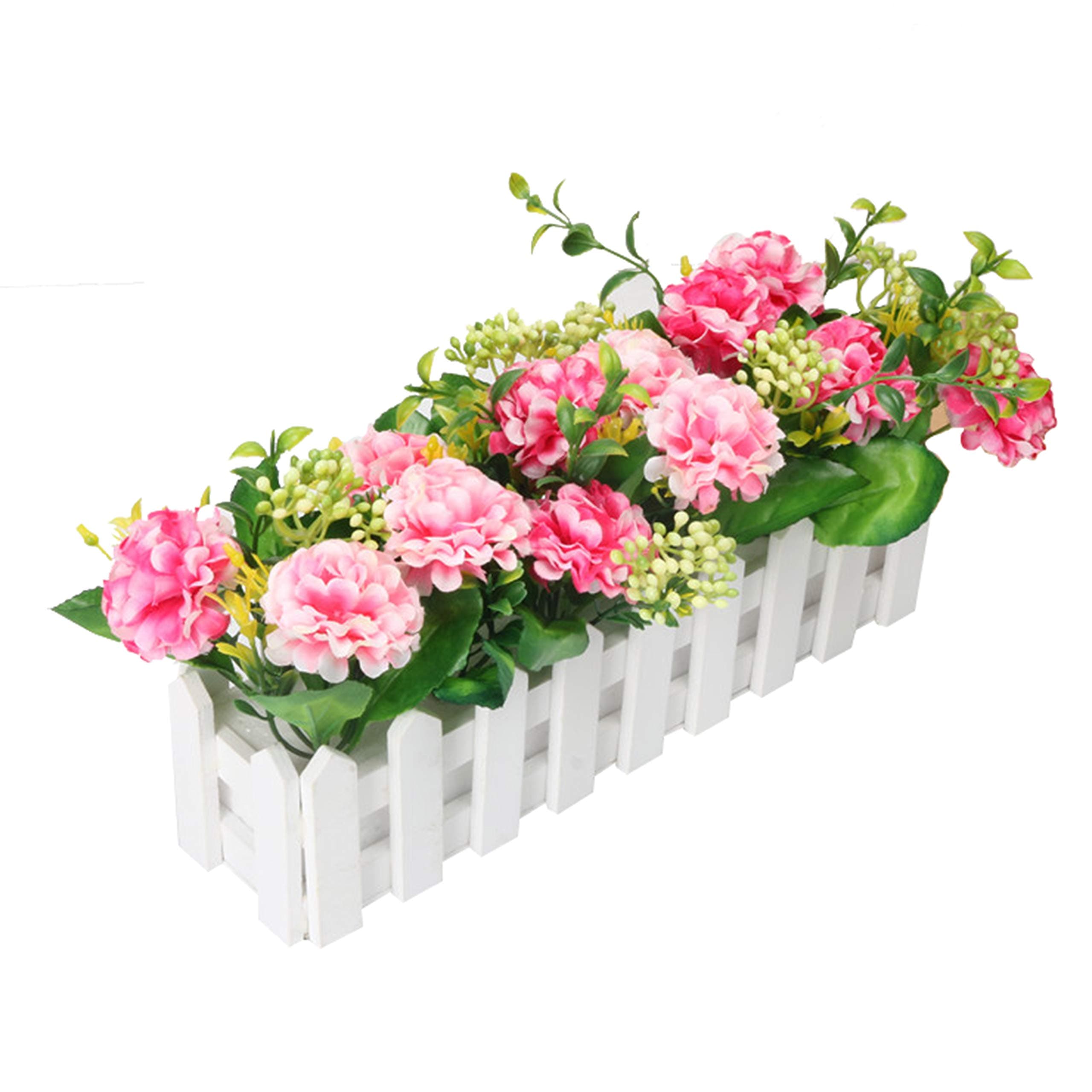 Hydrangea Artificial Flowers with Fence Simulation Faux Potted Bonsai Artificial Plants in Pot Home Decoration Ornaments for Wedding Balcony Party Decor - Pink