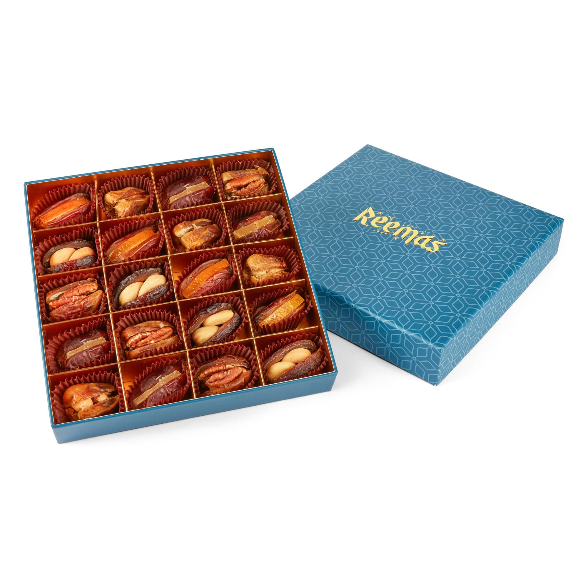 Stuffed Dates Celebration Gift Box 20 Pcs | REEMAS GOURMET | Premium Medjool Mabroom Dates Filled with Fruit & Nuts | Hazelnut Pecan Cashew Orange Ginger | Vegan
