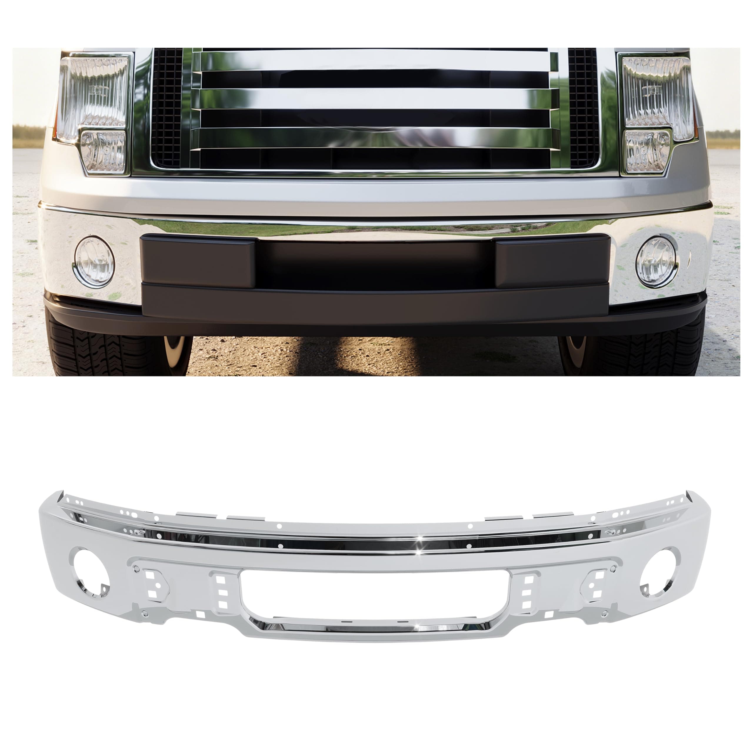 KUAFU Front Bumper Face Bar Compatible with 2009-2014 Ford F150 F-150 W/O Fog Light Holes Replacement for FO1002411 9L3Z17757B Chrome Steel Silvery 3Pcs