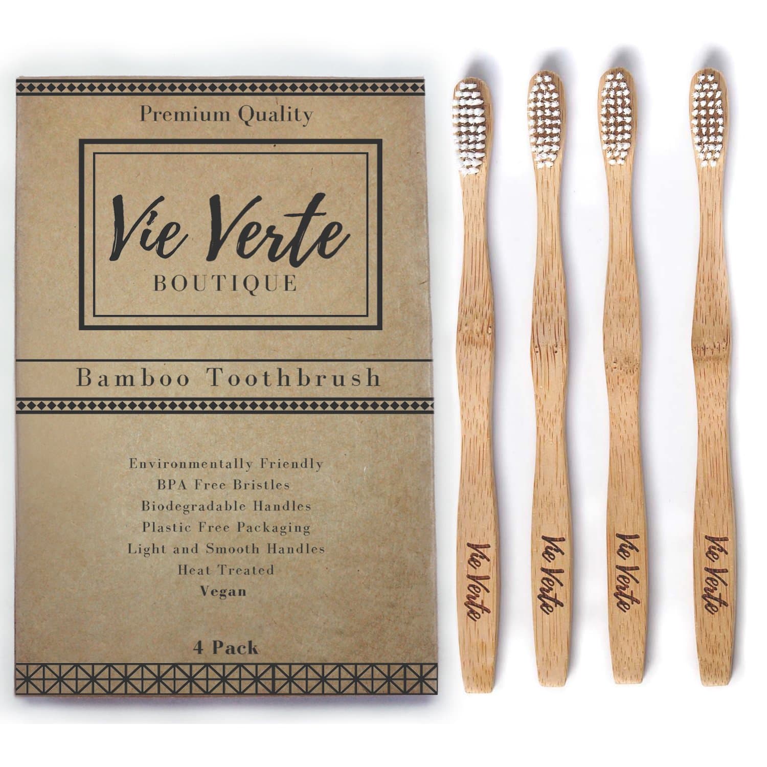 Natural Eco Friendly Bamboo Toothbrush Set - Medium Bristles - Biodegradable - BPA Free Bristles - 4 Pack