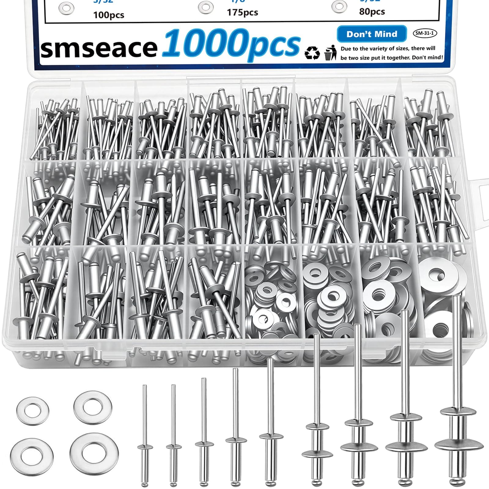 smseace 1000Pcs Pop Rivets with Washers Assortment Kit-14-Sizes SAE Rivets for Metal 3/32,1/8,5/32,3/16,1/4Inch 5-Sizes 304 Stainless Steel Washers for Metal, Furniture, Automotive, Instruments