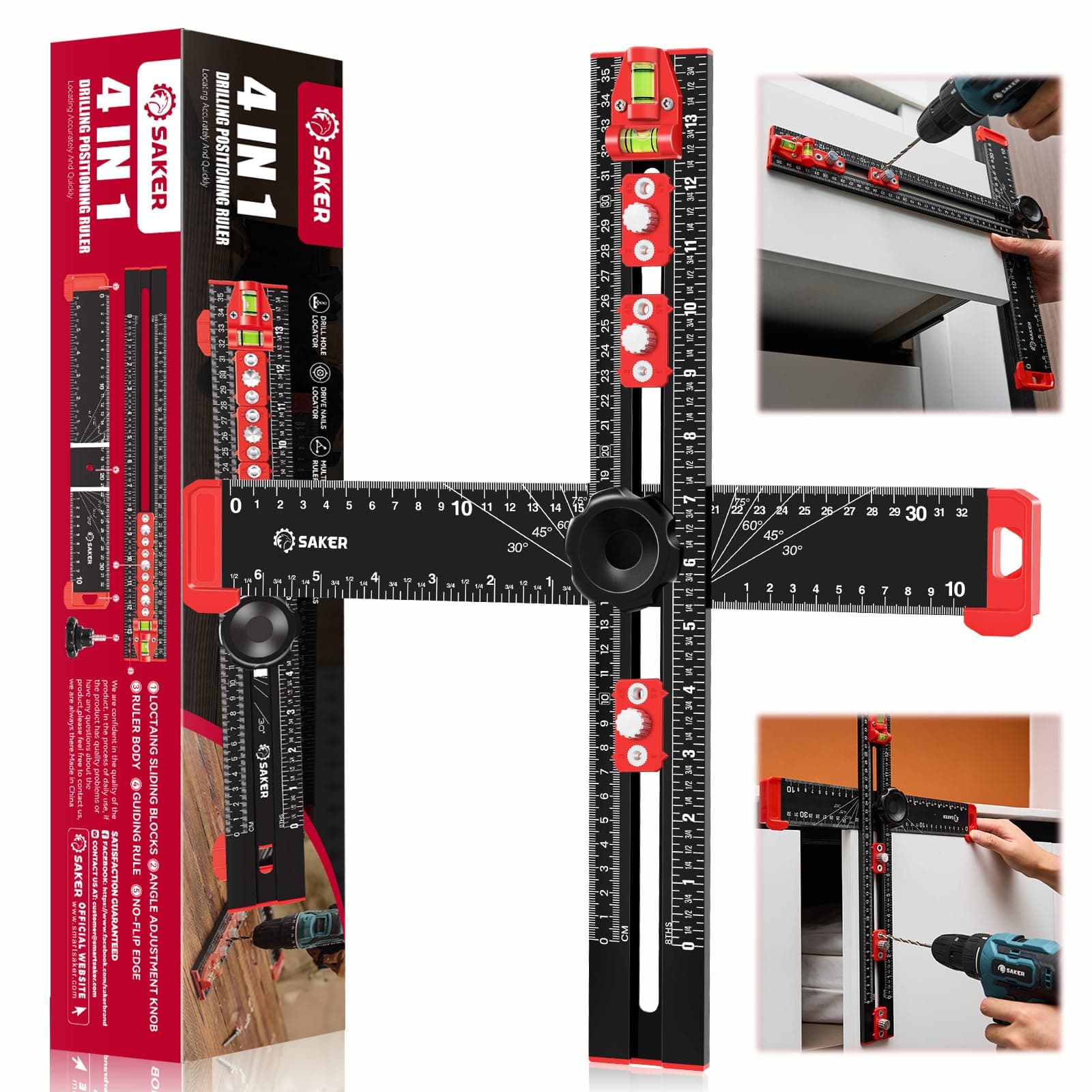 4-in-1 Drilling Positioning Ruler, Adjustable 13.78in T Square Ruler, Cabinet Hardware Jig, Marking Gauge Tools for Woodworking, Cabinet Drawer Door Hole Drilling Template