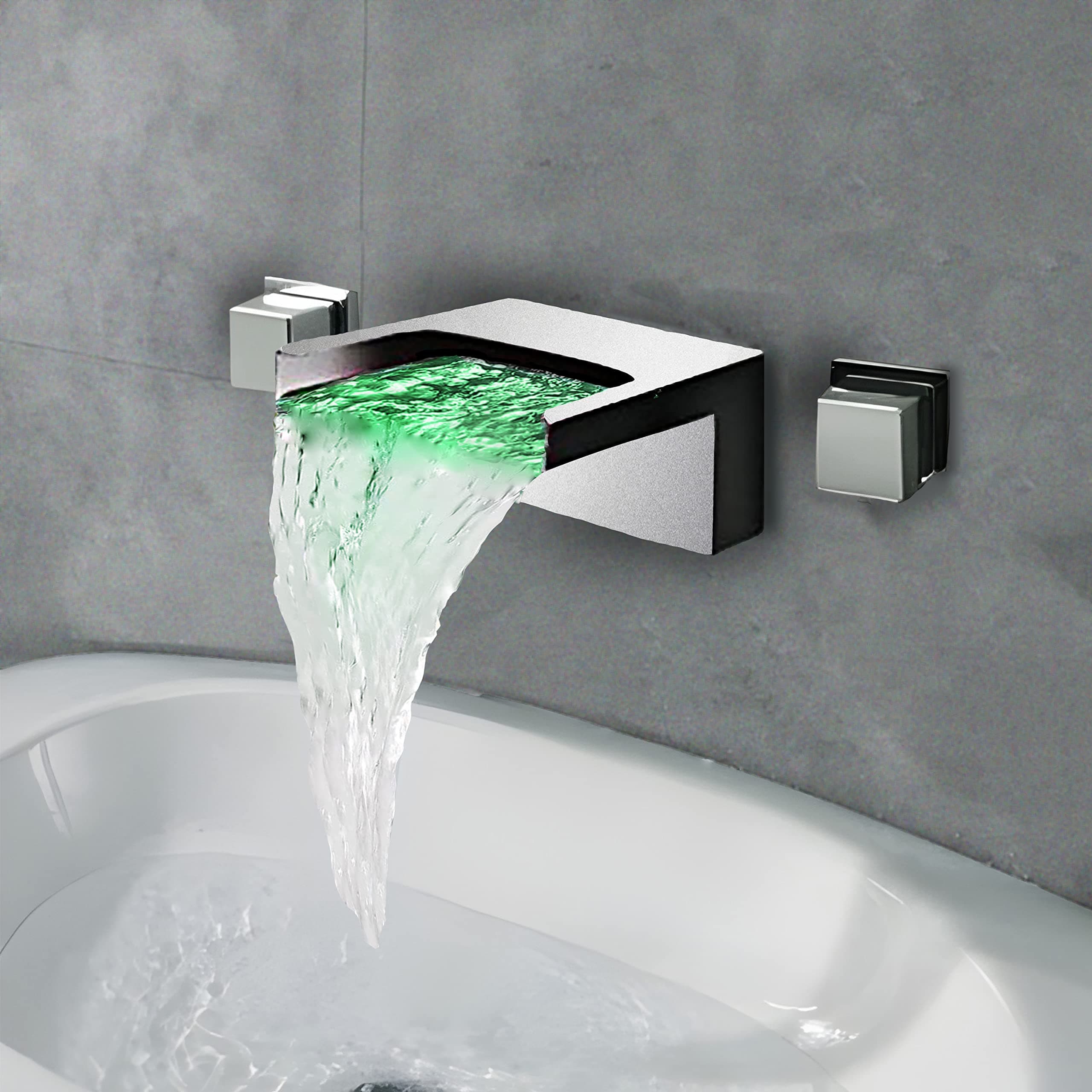 LightInTheBox LED Light Waterfall Wall Mounted Bathroom Sink Faucet Temperature Sensor Color Changing, 2 Handles 3 Holes for Lavatory Basin Mixer Taps, Chrome Finish Solid Brass Modern Bathtub Decor