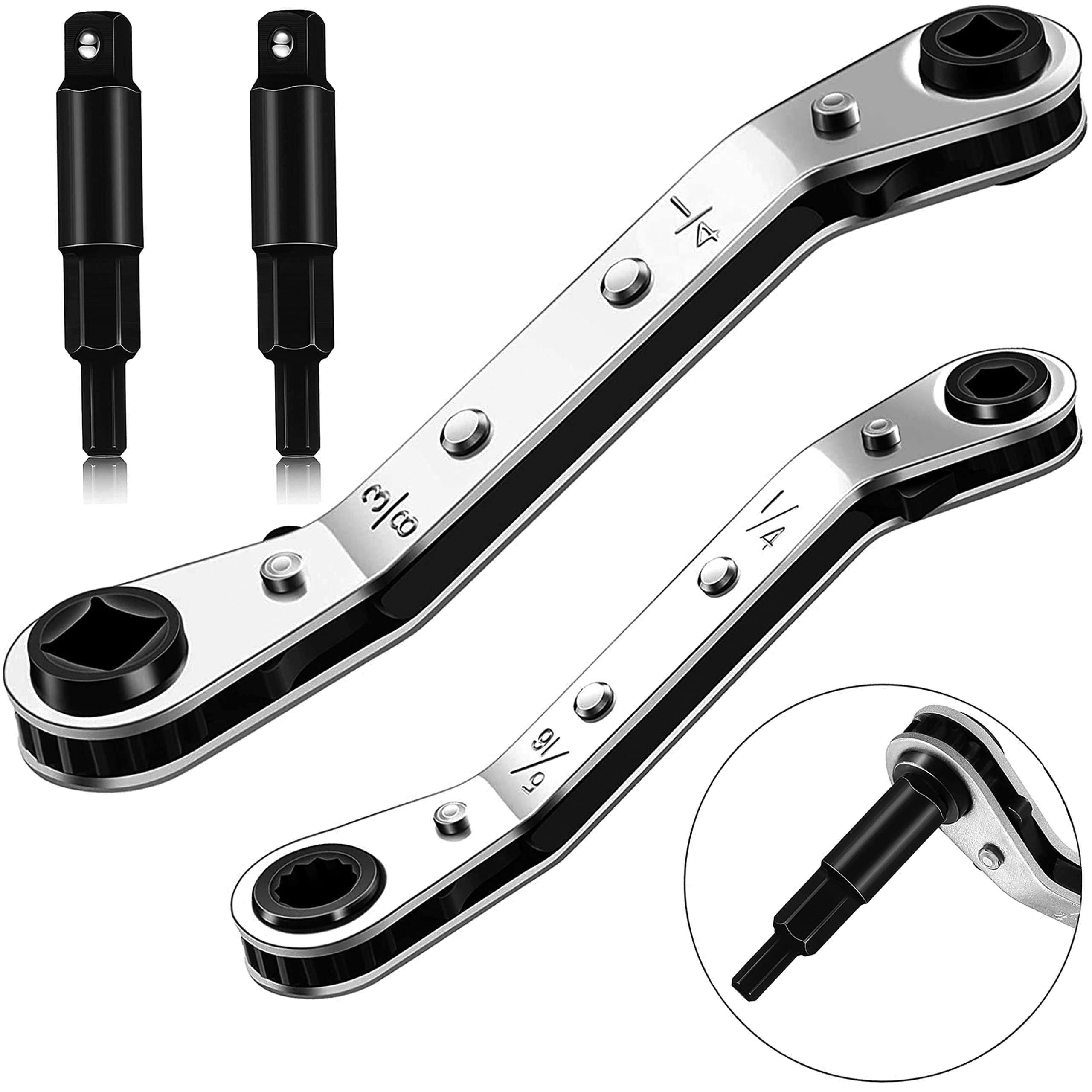 HVAC Service Wrench Tools:3/16” to 3/8” 5/16'' x 1/4''Air Conditioner Valve Ratchet Wrench with 2 Hexagon Bit Adapter Kit for Air Refrigeration and Equipment Repair Tools Clearance
