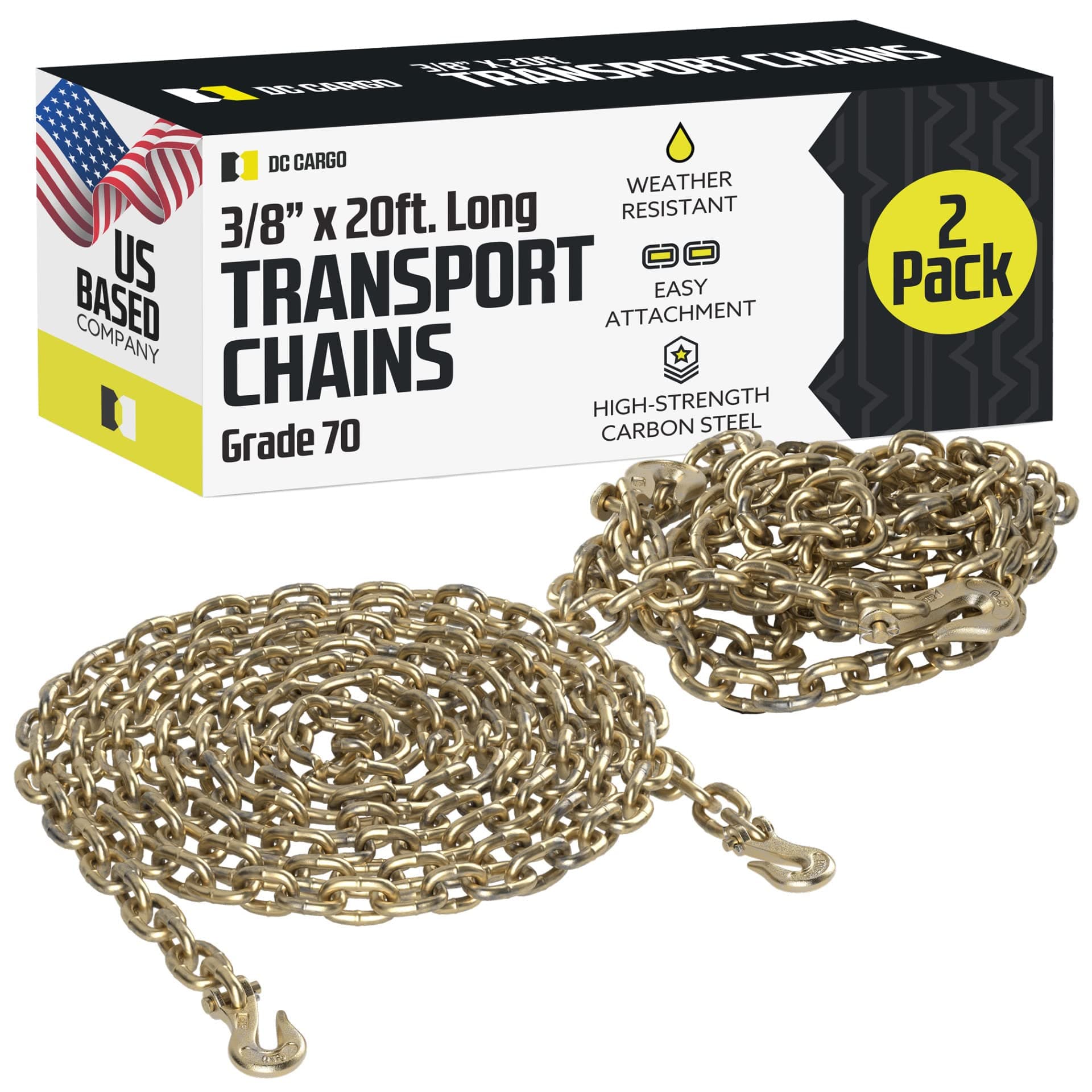 DC Cargo Mall Tie Down Transport Chains - Heavy Duty Tow Chain with 3/8" Grade 70 Chain, Log Chain Hooks, G70 Load Binder Chain is 20 ft Long, 6,600 lbs WLL (Pack of 2)