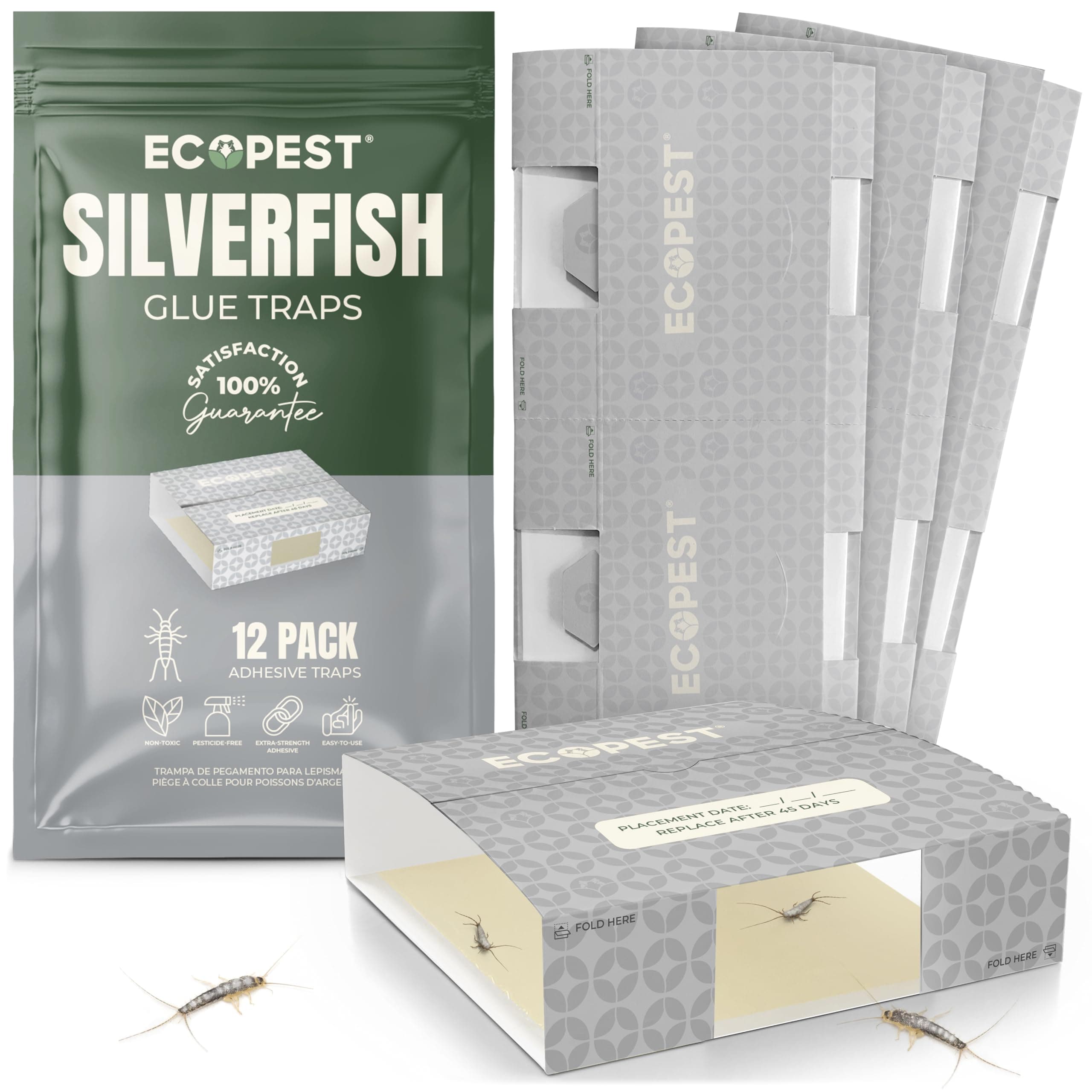 Silverfish Trap — 12 Pack | Sticky Indoor Glue For Silverfish, Firebrat, And Other Bugs Crawling Insects Adhesive Killer Paks, Monitor, Detector With Natural Bait Attractant
