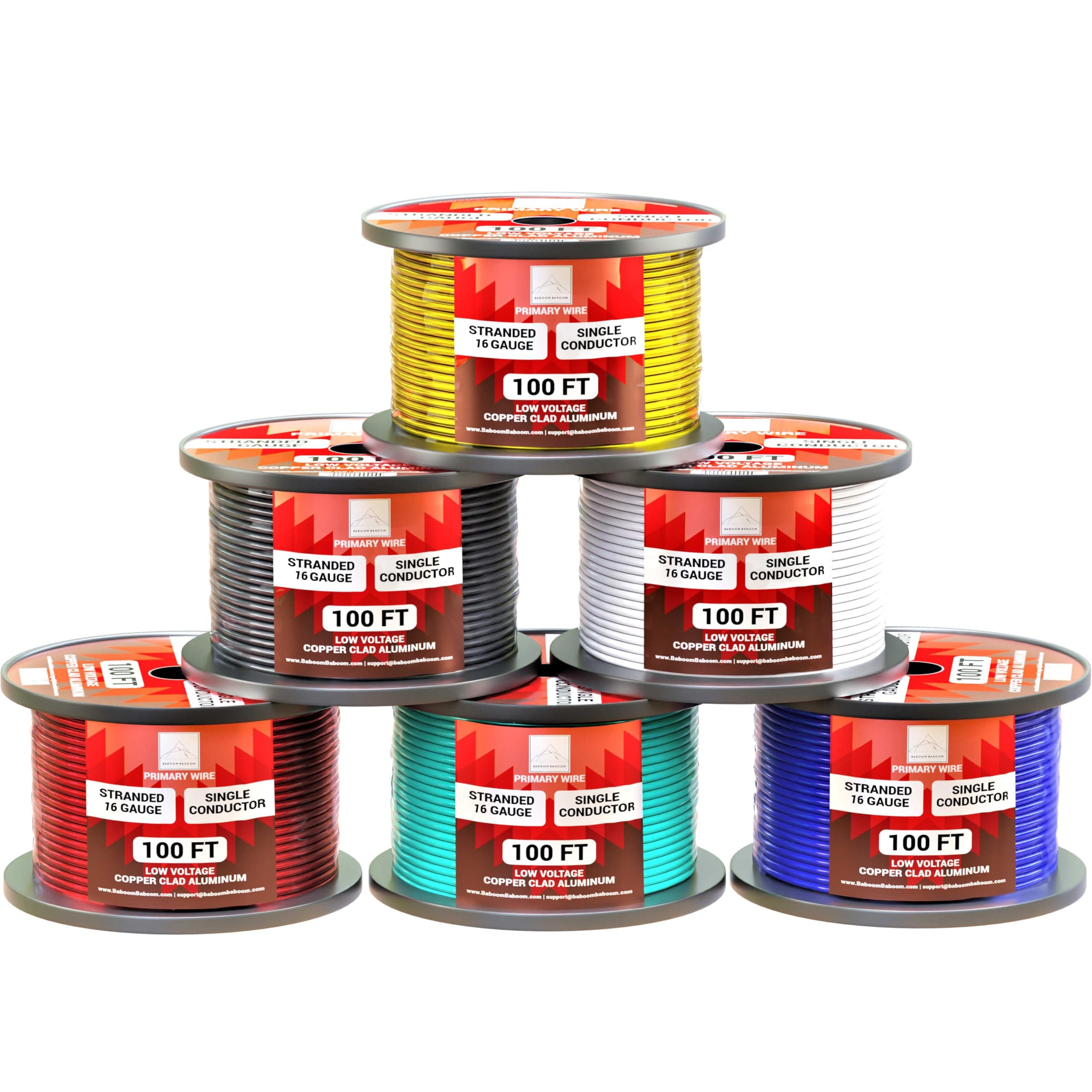 16 Gauge Wire Combo 6 Pack 12V 100ft/Roll (Total 600ft) Auto Wire Copper Clad Aluminum Low Voltage