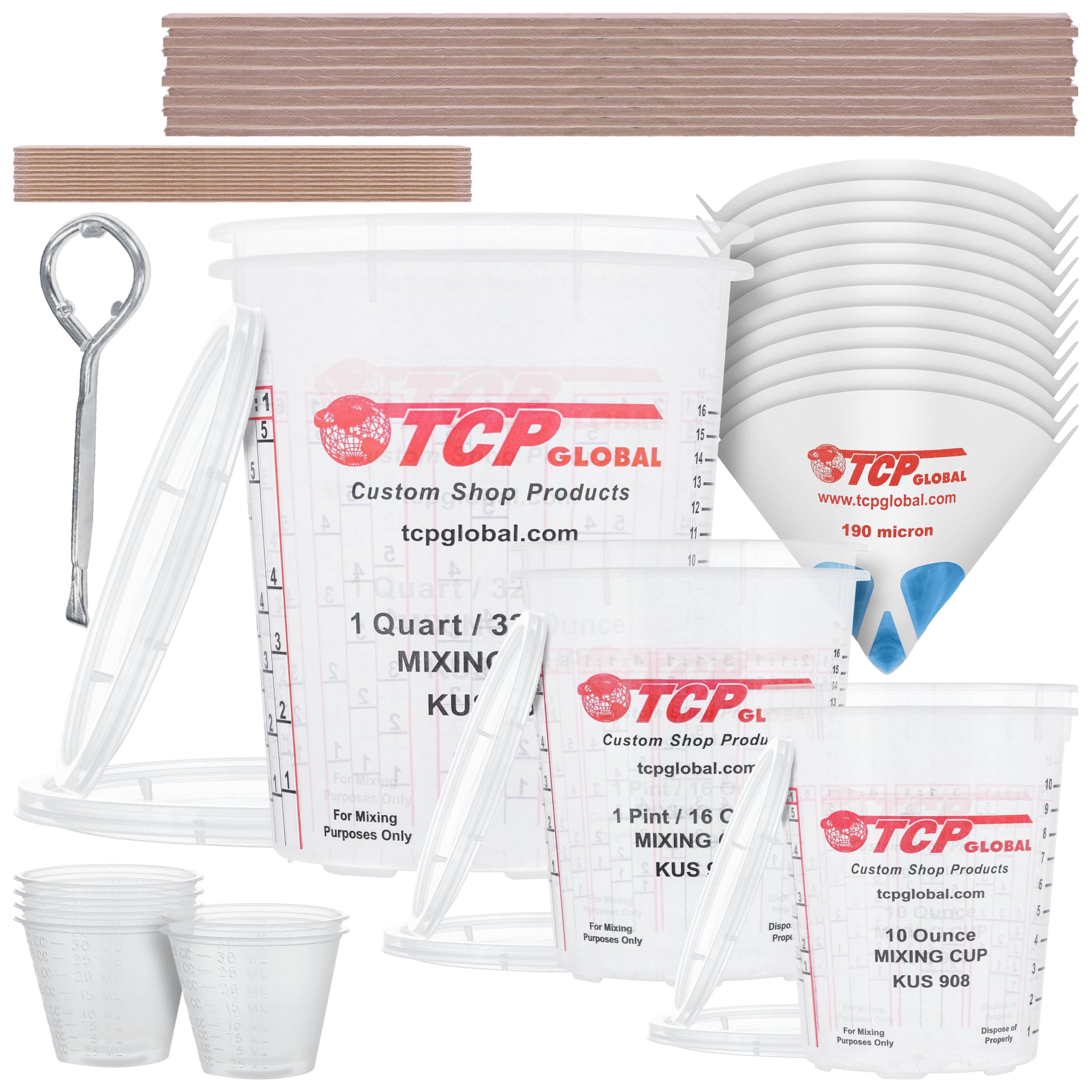 TCP Global Complete Paint Mixing Kit - 12 Cups with Lids, Mixing Sticks, Paddles, Strainers - Epoxy Resin Measuring Cups, Plastic Paint Cup Containers for Automotive & Art Projects