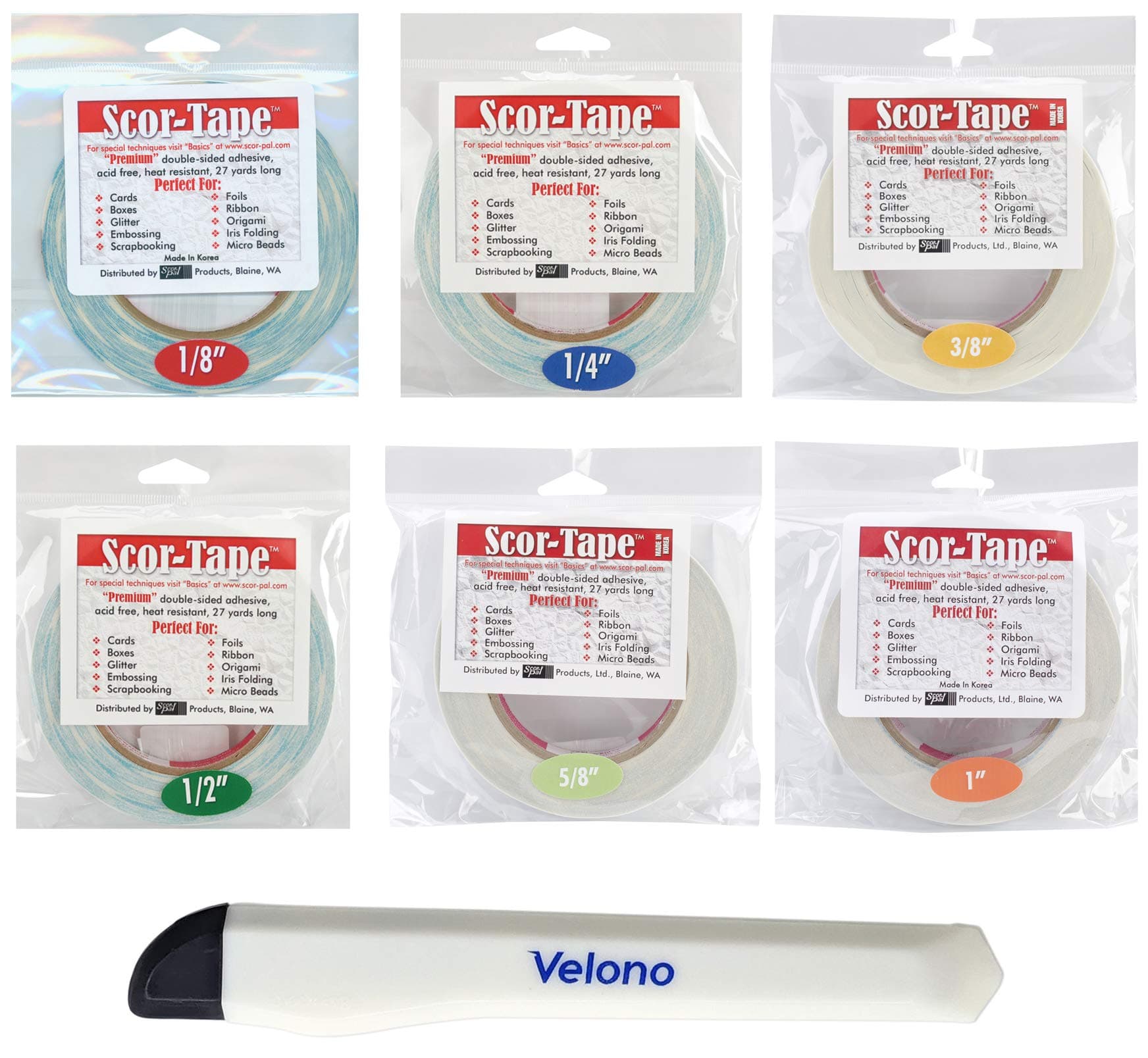 Scor Tape Double Sided Adhesive 7-Piece Starter Bundle, 6 Sizes of Scor Tape (1/8, 1/4, 3/8, 1/2, 5/8, 1), Velono Utility Knife